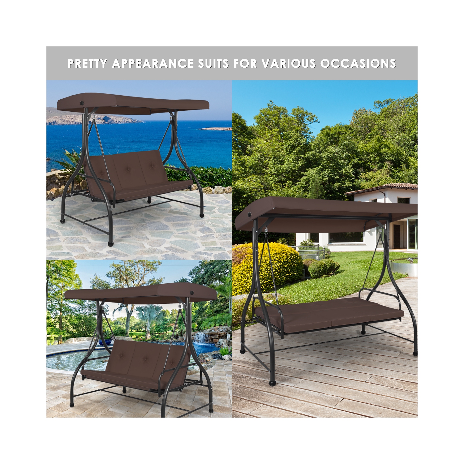 Topbuy 3 Person Porch Swing Hammock Bench Chair Outdoor with Canopy Turquoise/Beige/ Black/Brown/Wine Red