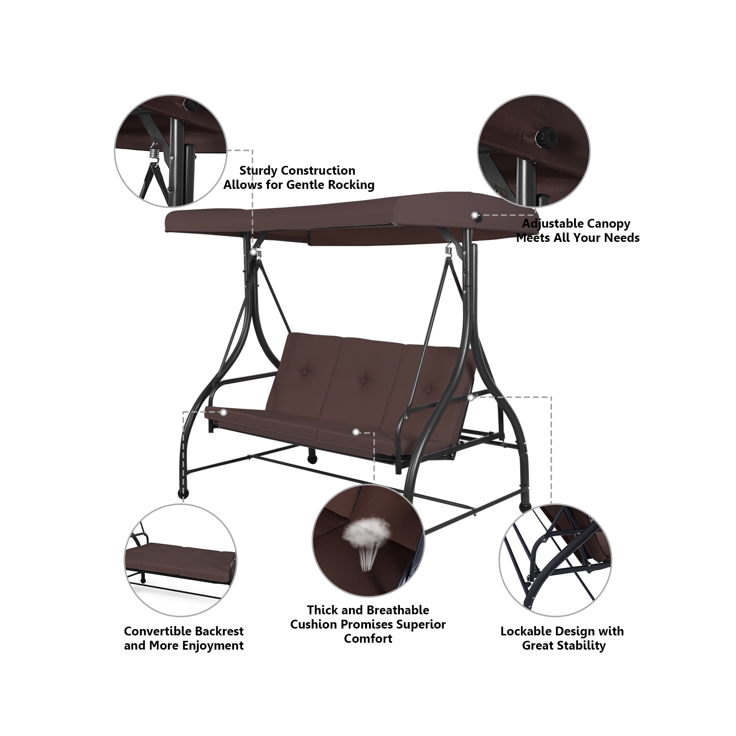 Topbuy 3 Person Porch Swing Hammock Bench Chair Outdoor with Canopy Turquoise/Beige/ Black/Brown/Wine Red