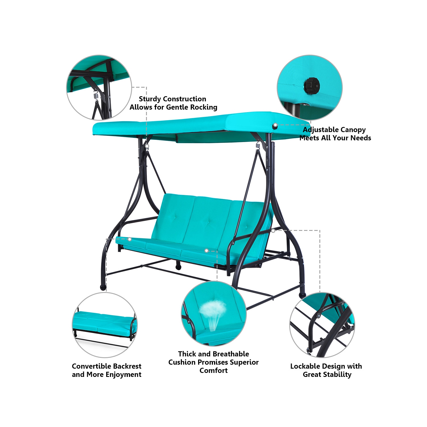 Topbuy 3 Person Porch Swing Hammock Bench Chair Outdoor with Canopy Turquoise/Beige/ Black/Brown/Wine Red