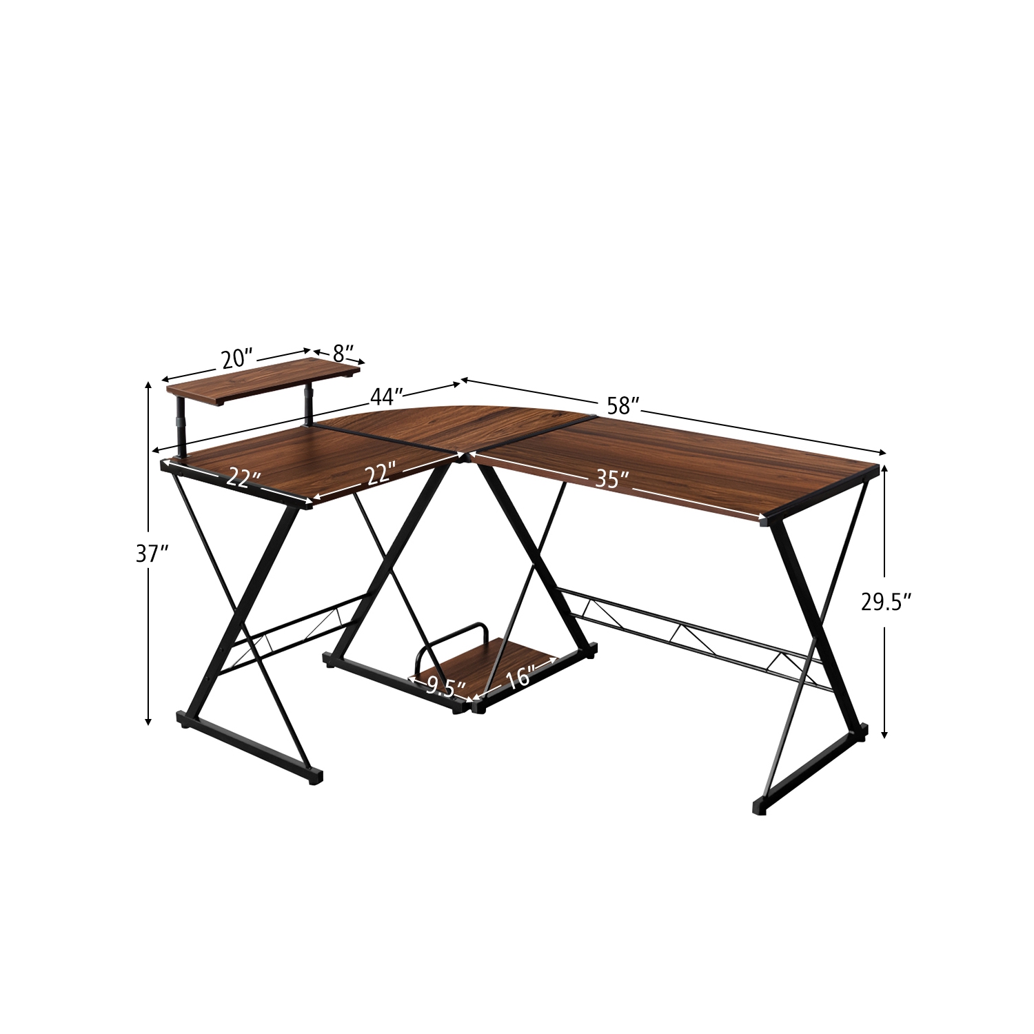 TopBuy – Table de jeu en coin pour ordinateur avec support pour moniteur et plateau organisateur, noir/antique/noyer