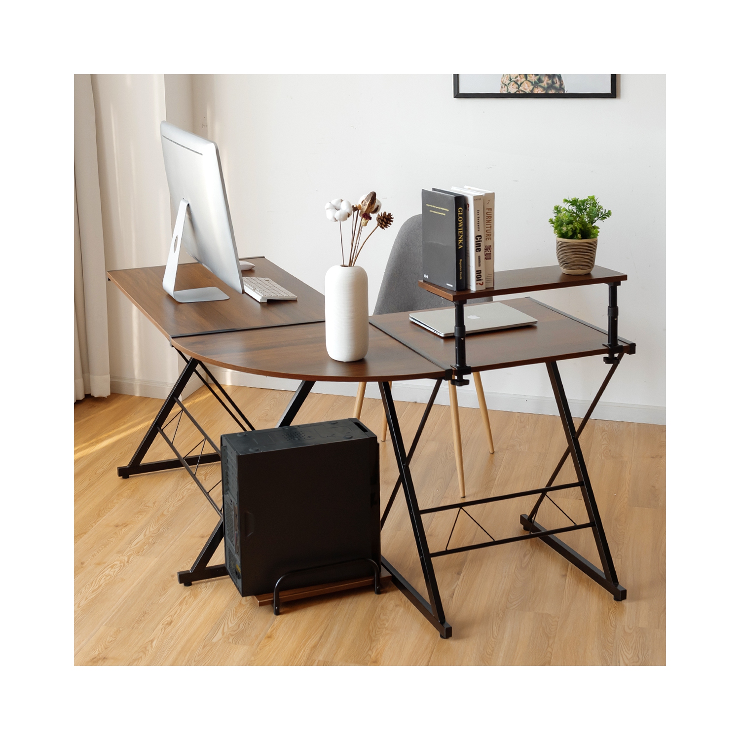TopBuy – Table de jeu en coin pour ordinateur avec support pour moniteur et plateau organisateur, noir/antique/noyer