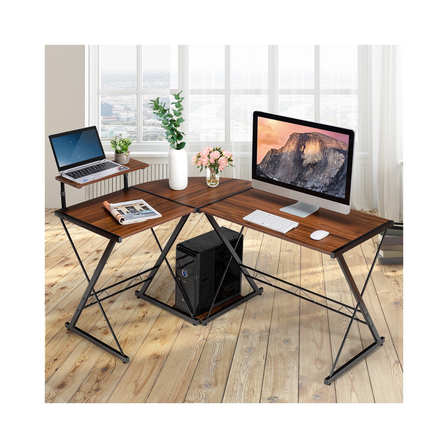 TopBuy – Table de jeu en coin pour ordinateur avec support pour moniteur et plateau organisateur, noir/antique/noyer