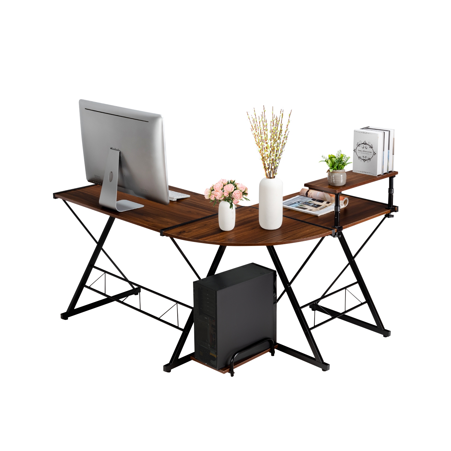 TopBuy – Table de jeu en coin pour ordinateur avec support pour moniteur et plateau organisateur, noir/antique/noyer