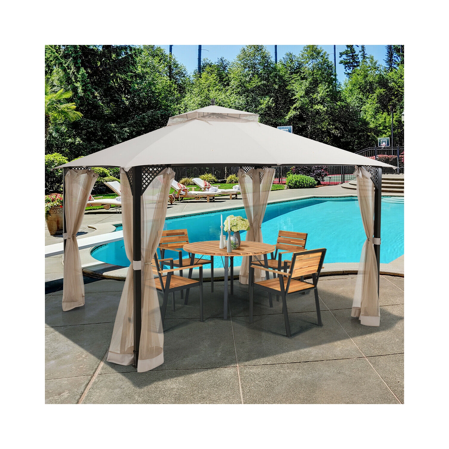 Topbuy 12' x 10' Octagonal Tent Outdoor Gazebo Canopy Shelter with Mosquito Netting Brown/Beige