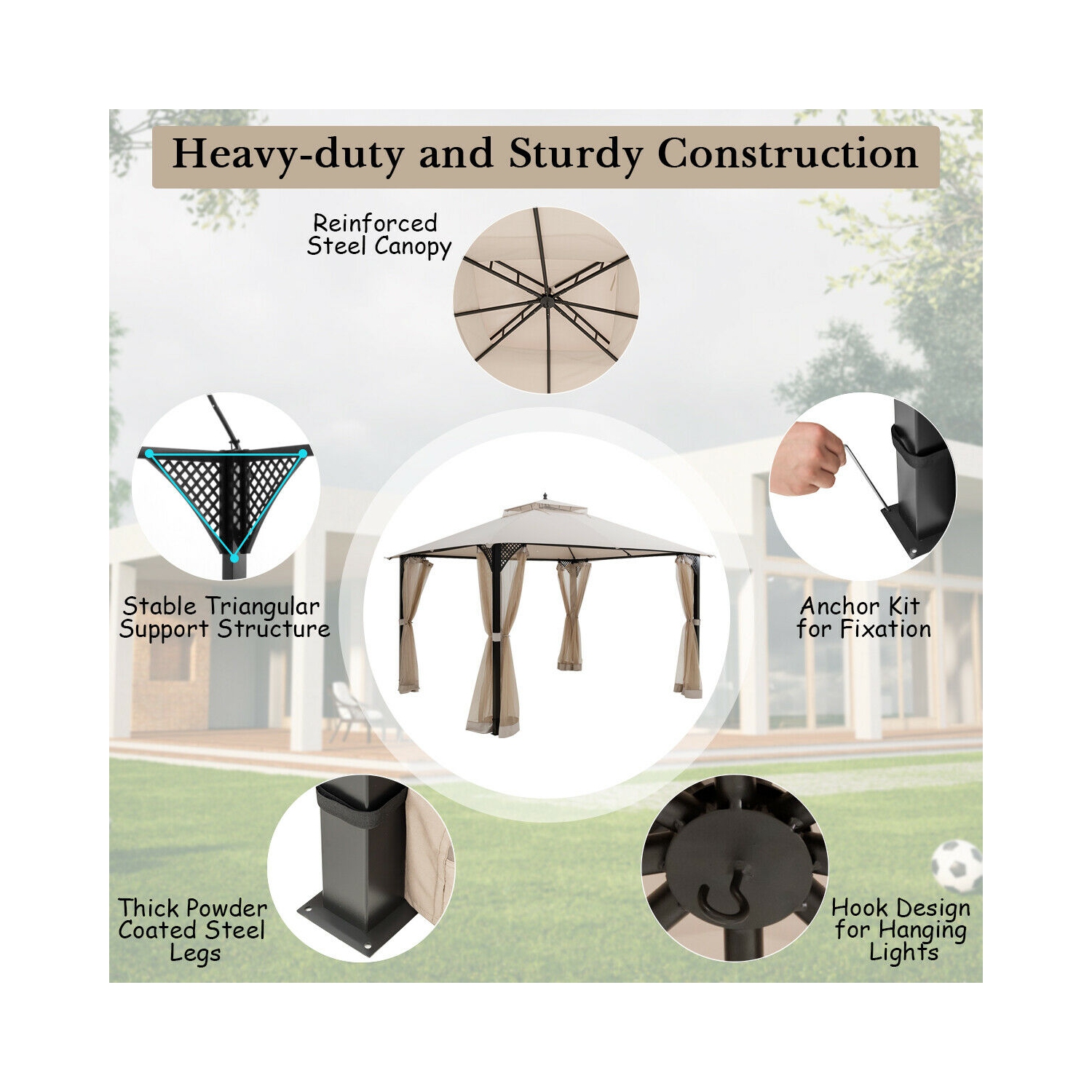 Topbuy 12' x 10' Octagonal Tent Outdoor Gazebo Canopy Shelter with Mosquito Netting Brown/Beige