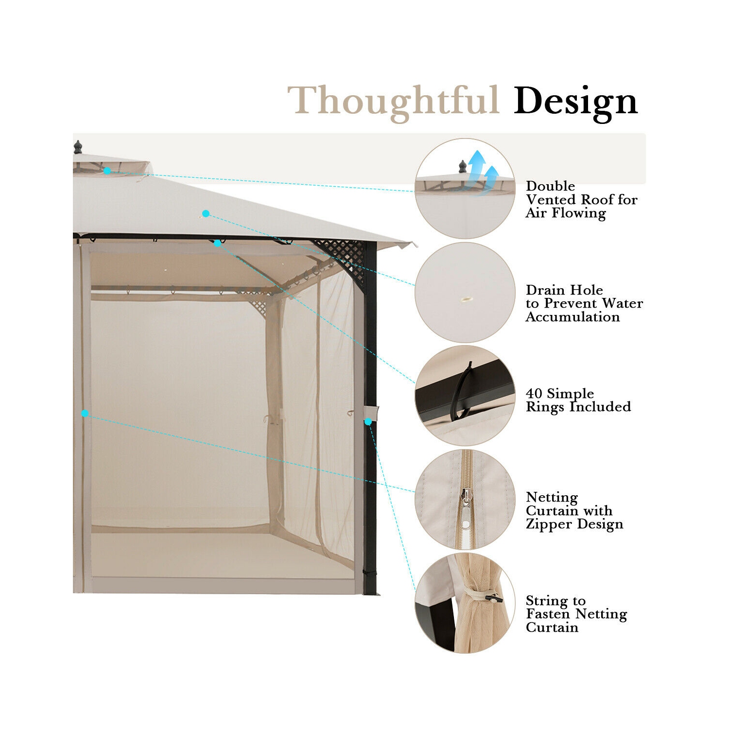 Topbuy 12' x 10' Octagonal Tent Outdoor Gazebo Canopy Shelter with Mosquito Netting Brown/Beige