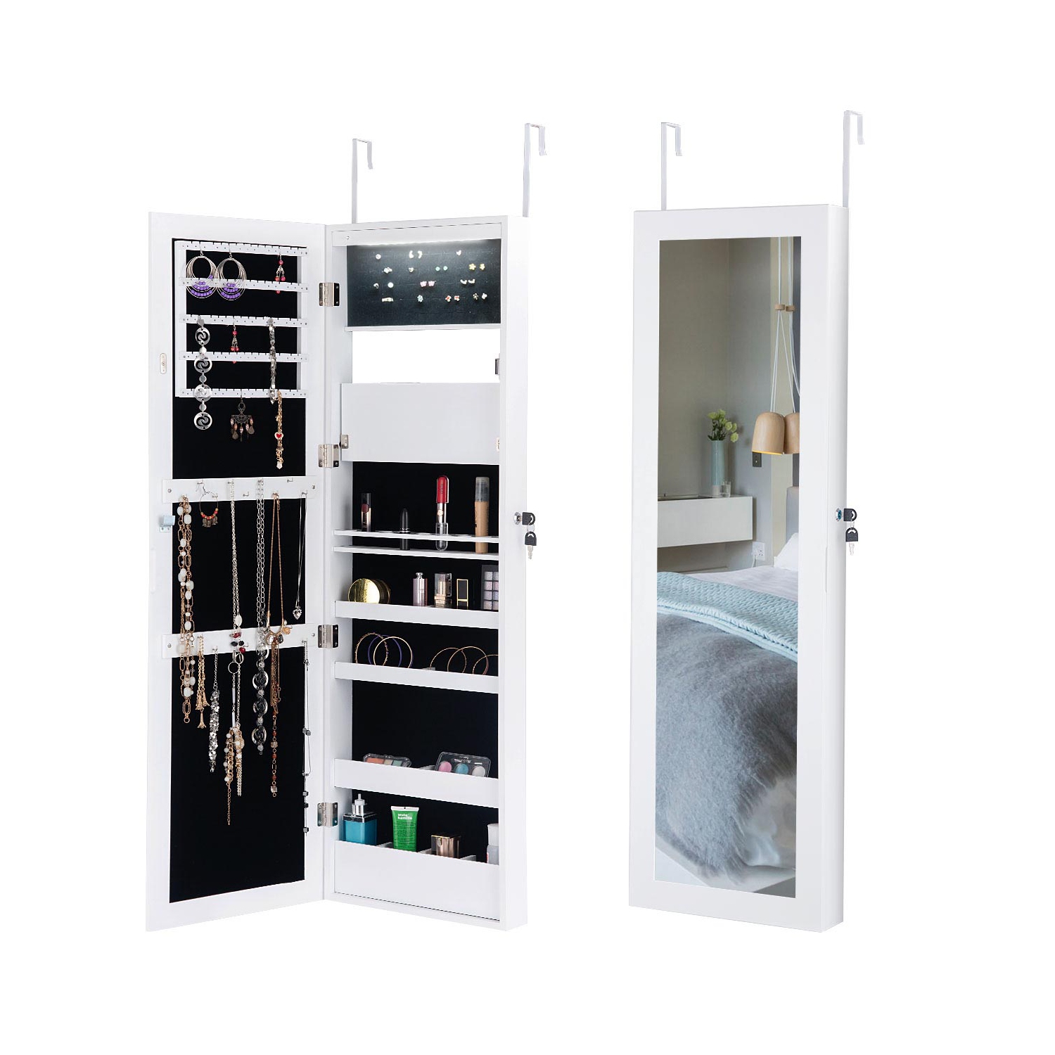 Topbuy Lockable Armoire Dressing Organizer Wall Door Mounted Mirrored Jewelry Cabinet w/ LED Lights