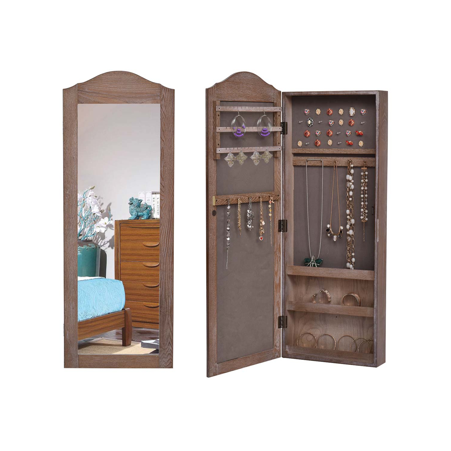 Armoire à bijoux TopBuy avec armoire miroir, rangement mural, noyer