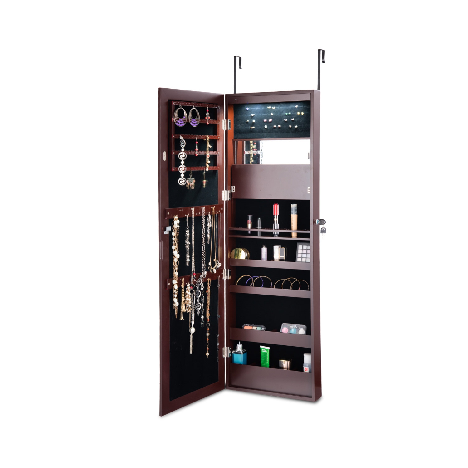 Topbuy Lockable Armoire Dressing Organizer Wall Door Mounted Mirrored Jewelry Cabinet w/ LED Lights