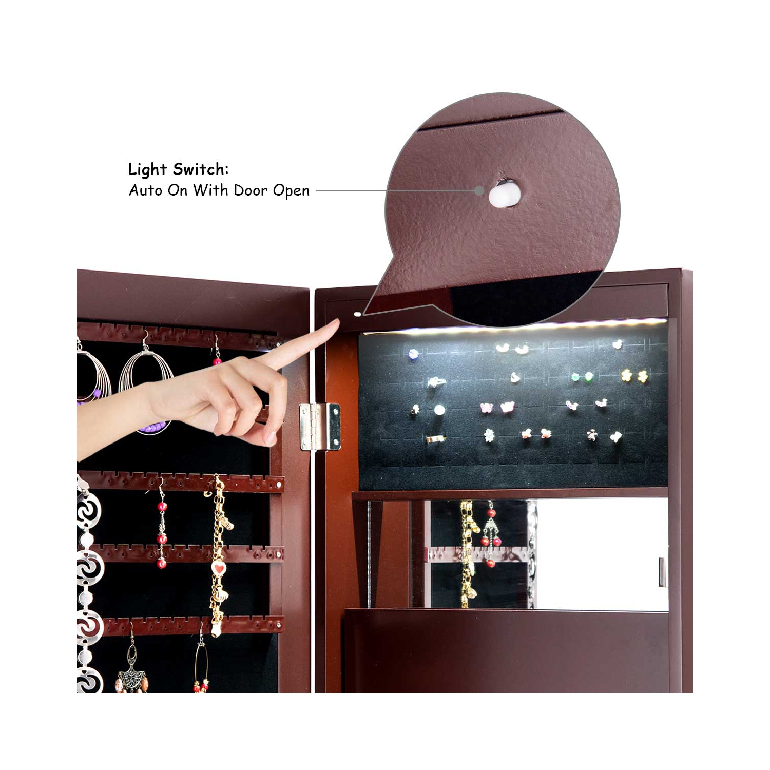 Topbuy Lockable Armoire Dressing Organizer Wall Door Mounted Mirrored Jewelry Cabinet w/ LED Lights