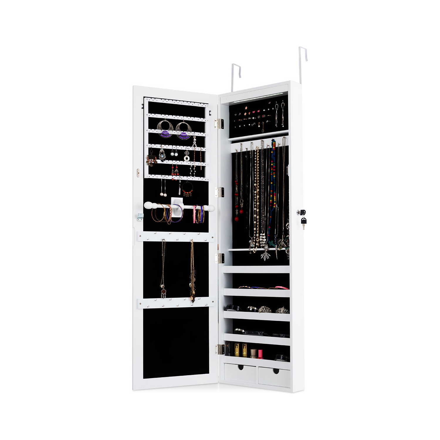 Topbuy Wall Mounted Mirrored Jewelry Organizer White Armoire Cabinet w/ LED & Lock