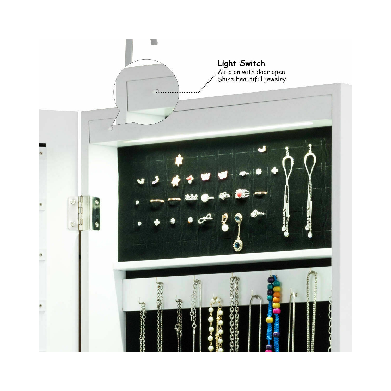 Topbuy Wall Mounted Mirrored Jewelry Organizer White Armoire Cabinet w/ LED & Lock