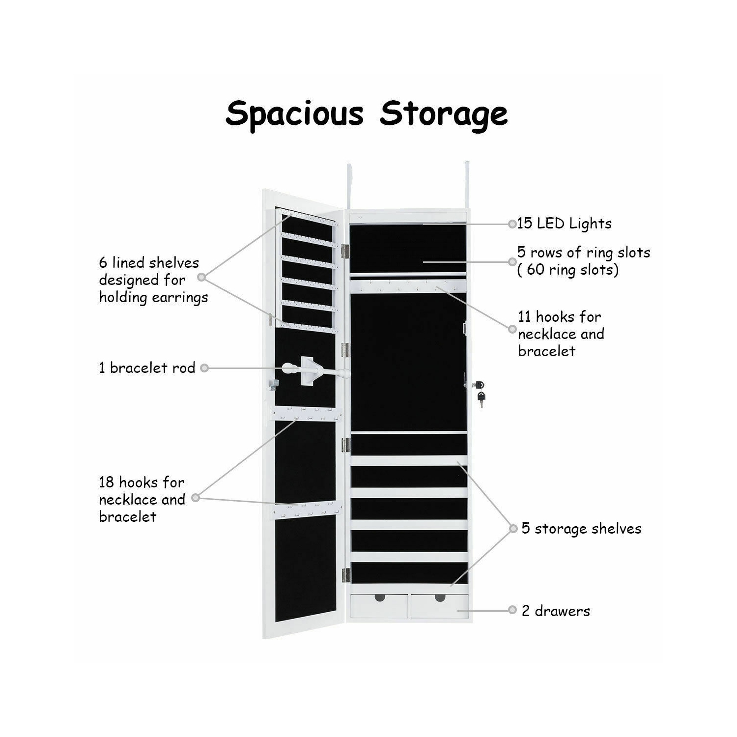 Topbuy Wall Mounted Mirrored Jewelry Organizer White Armoire Cabinet w/ LED & Lock