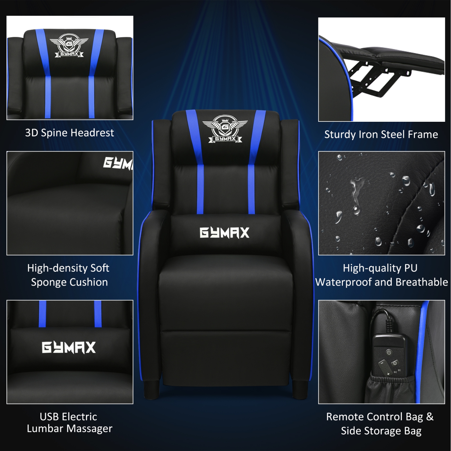Topbuy PU Leather Gaming Recliner Chair Single Massage Lounge Sofa with Lumbar Cushion