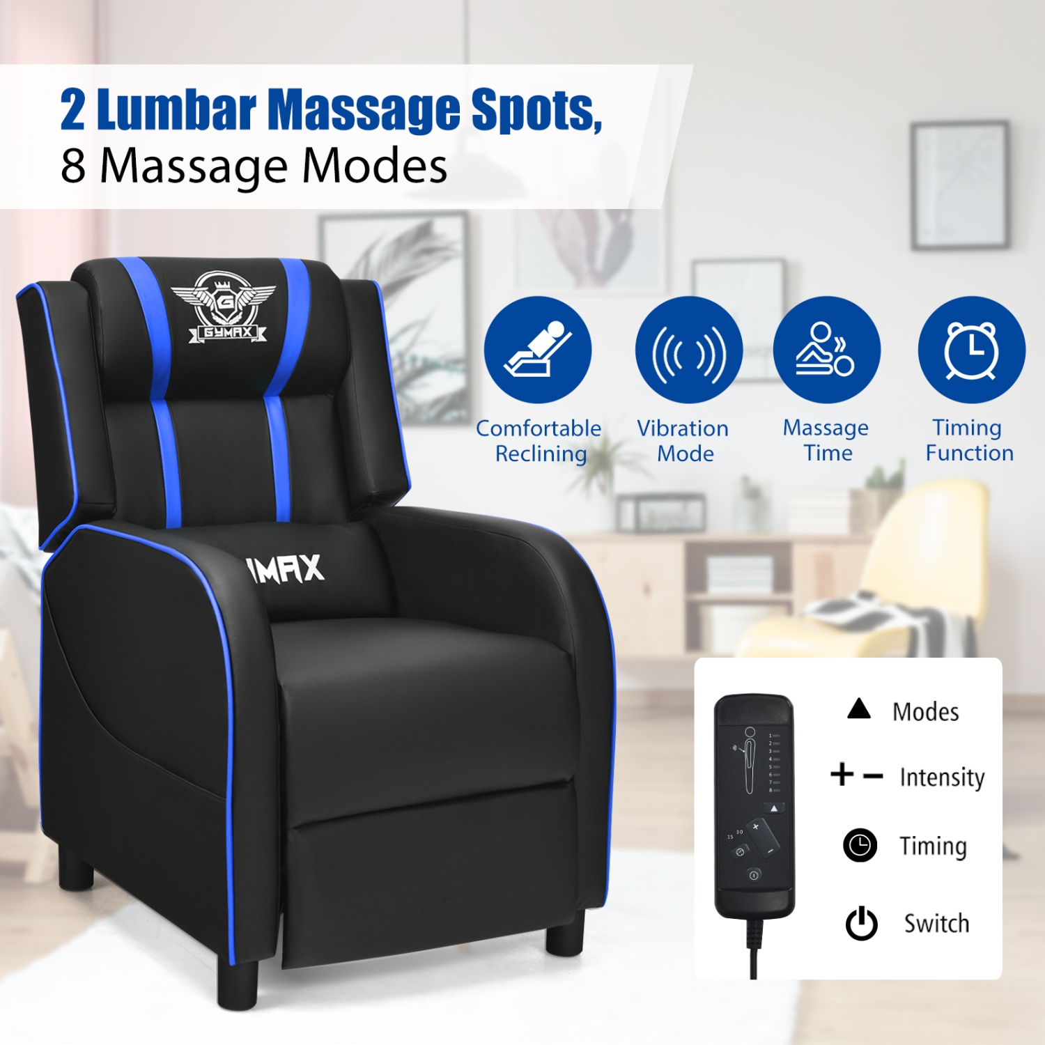Topbuy PU Leather Gaming Recliner Chair Single Massage Lounge Sofa with Lumbar Cushion