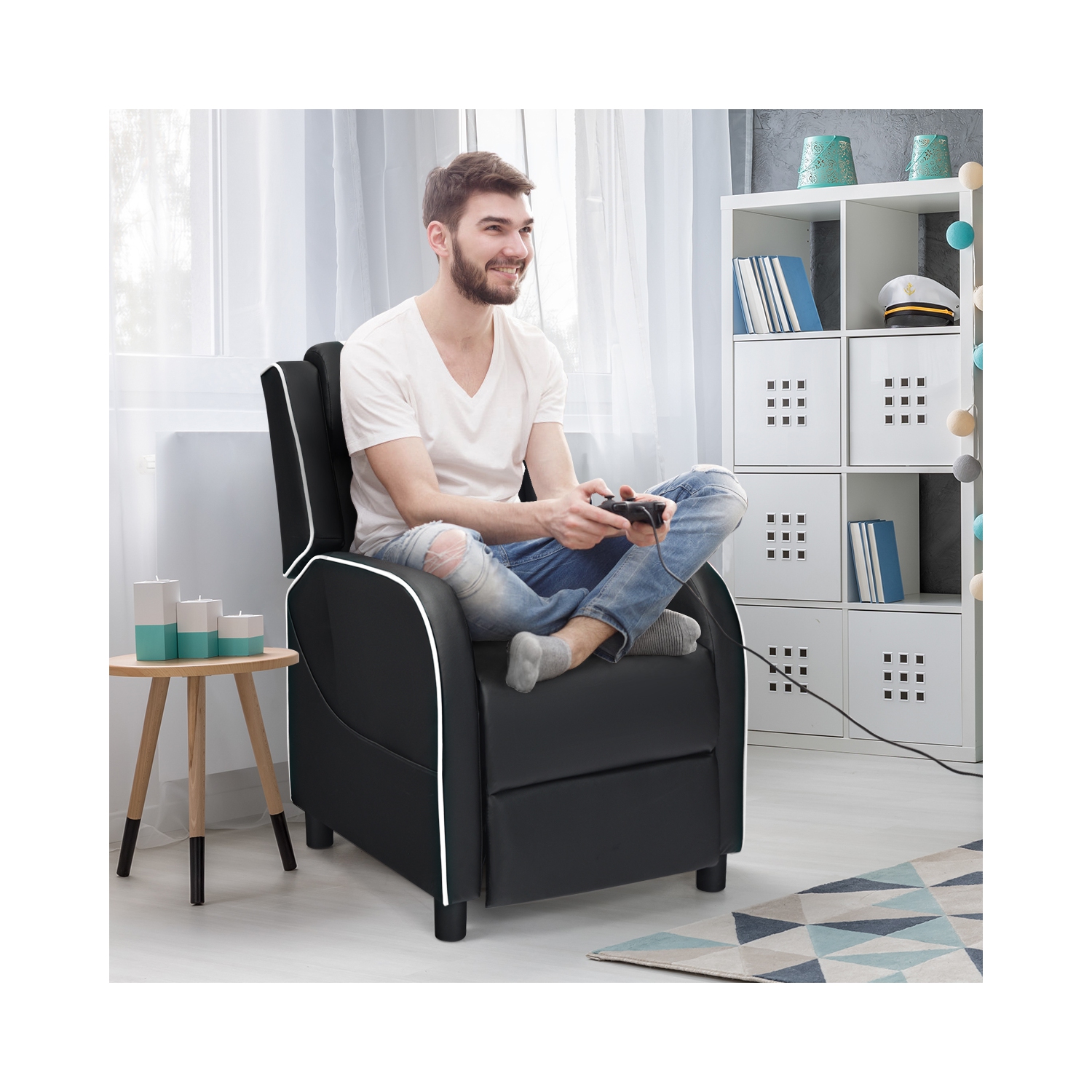 Topbuy PU Leather Gaming Recliner Chair Single Massage Lounge Sofa with Lumbar Cushion