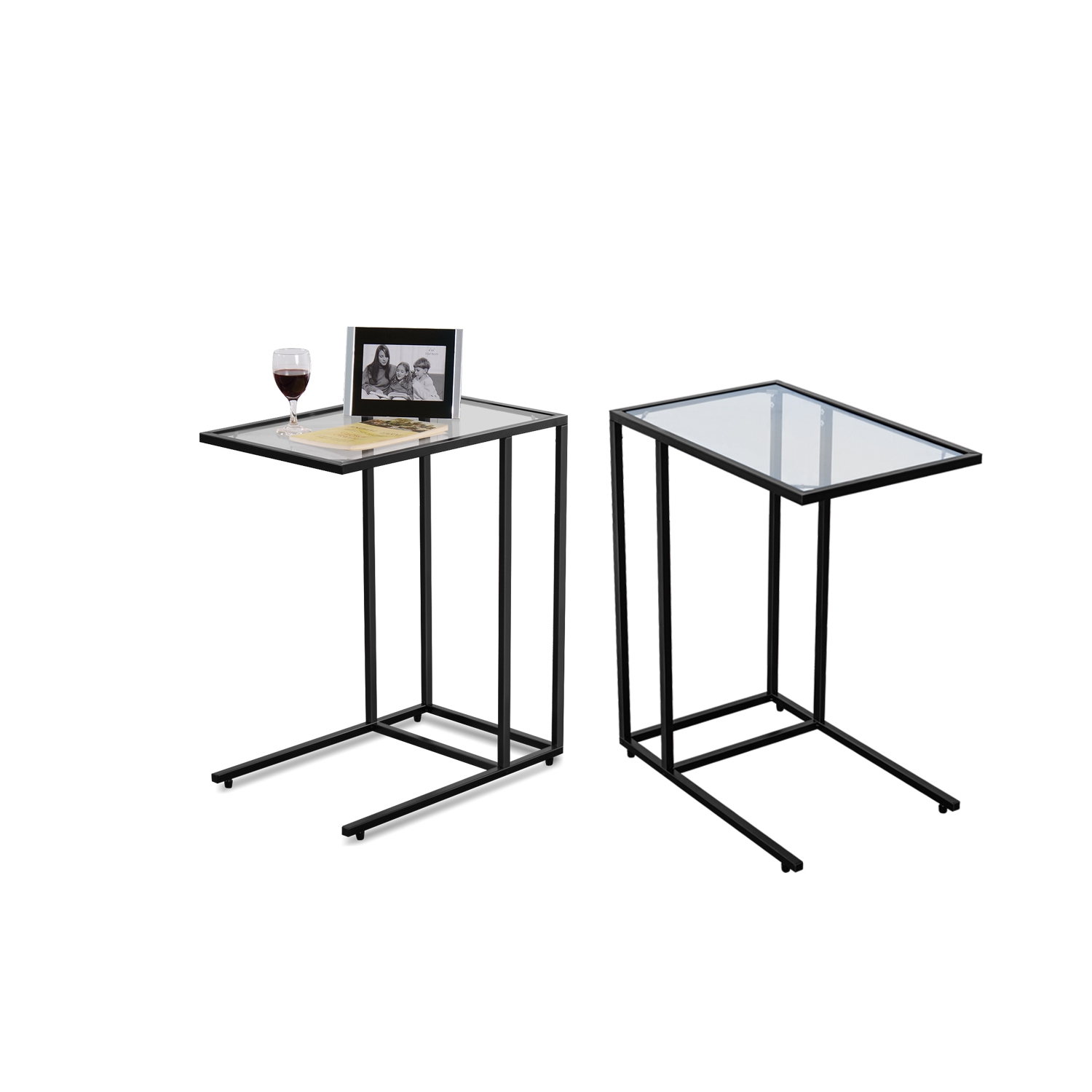 Topbuy 2PCS Coffee Tray End Table Side TV Stand Lap Snack Teapoy w/ Clear Glass Top