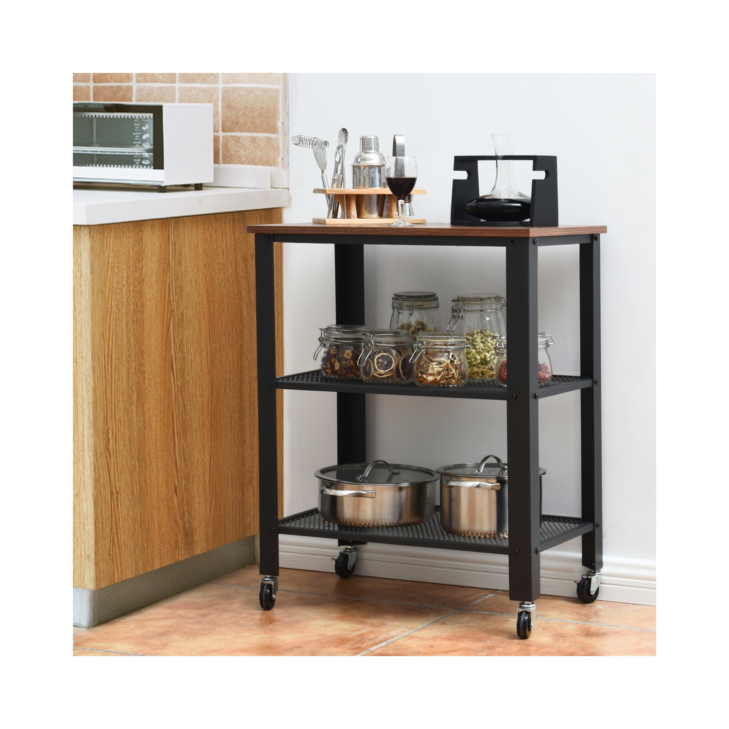 Topbuy Kitchen Utility Cart Industrial Coffee End Table w/Wheels Black/Sliver