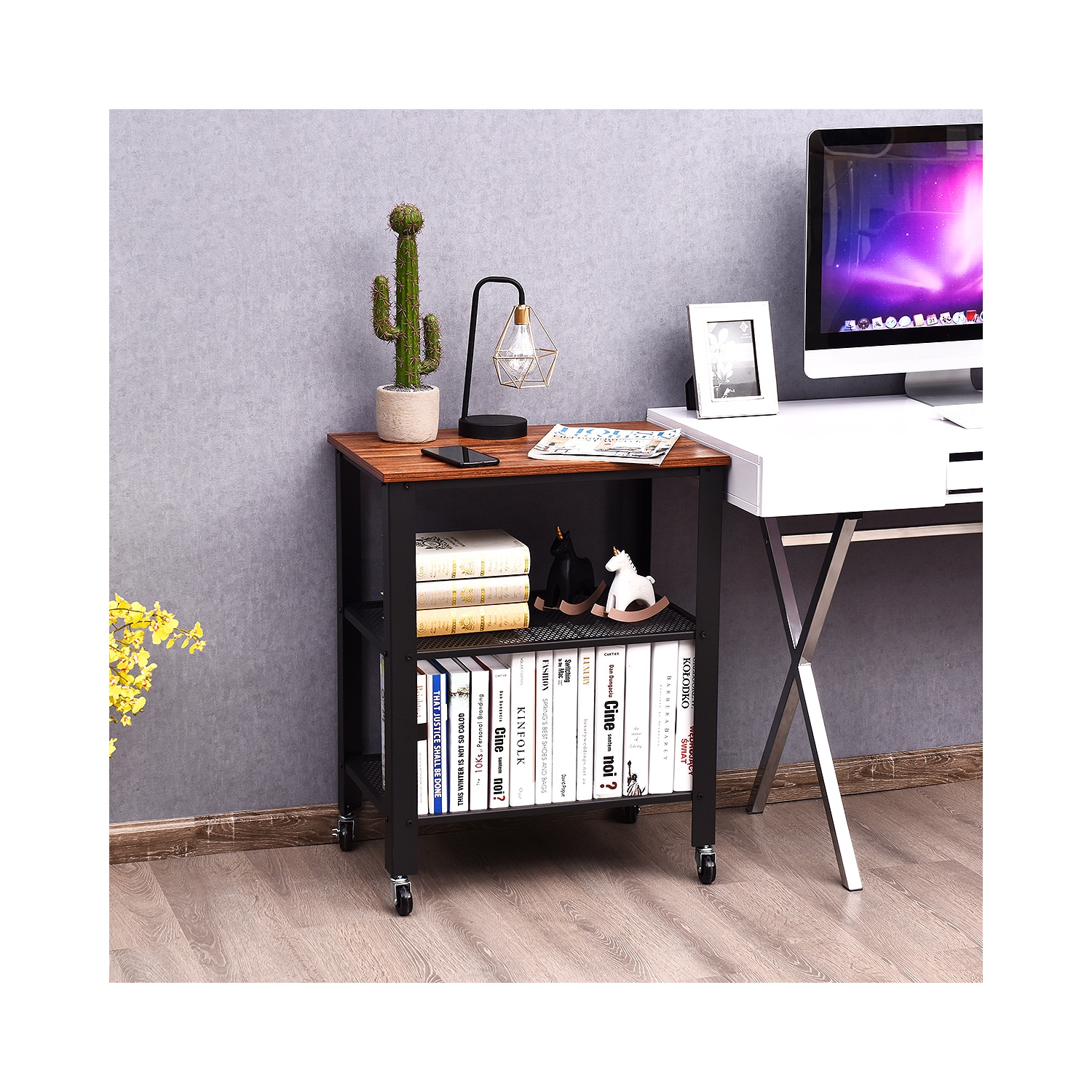 Topbuy Kitchen Utility Cart Industrial Coffee End Table w/Wheels Black/Sliver