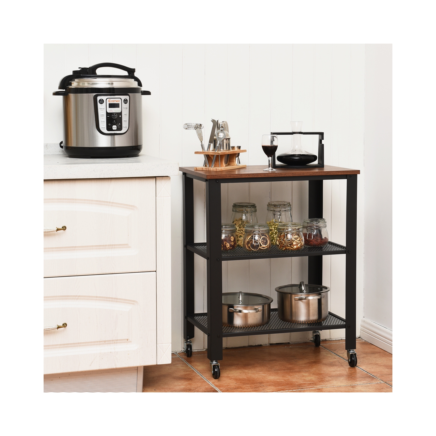 Topbuy Kitchen Utility Cart Industrial Coffee End Table w/Wheels Black/Sliver