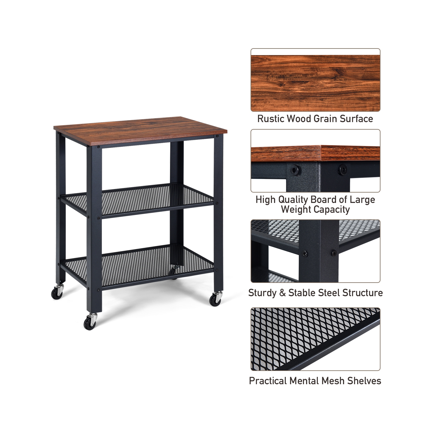 Topbuy Kitchen Utility Cart Industrial Coffee End Table w/Wheels Black/Sliver