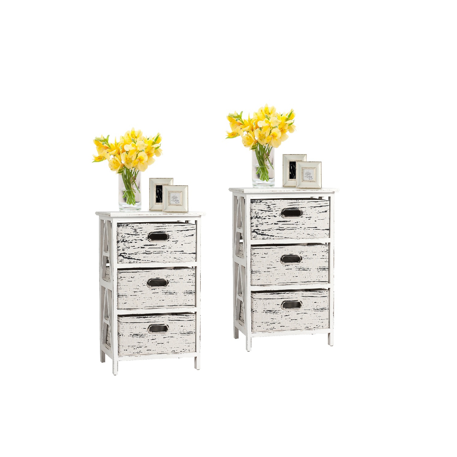 Topbuy 3-Drawer Fabric Vintage End Table Wood Nightstand Set of 2