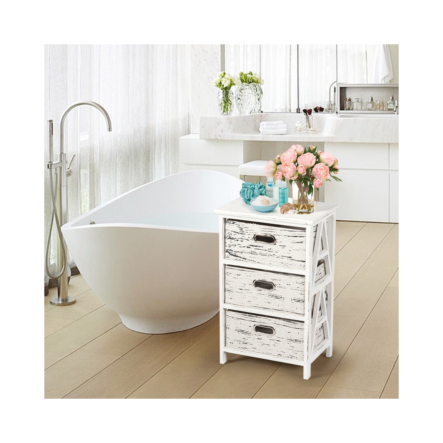 Topbuy 3-Drawer Fabric Vintage End Table Wood Nightstand Set of 2