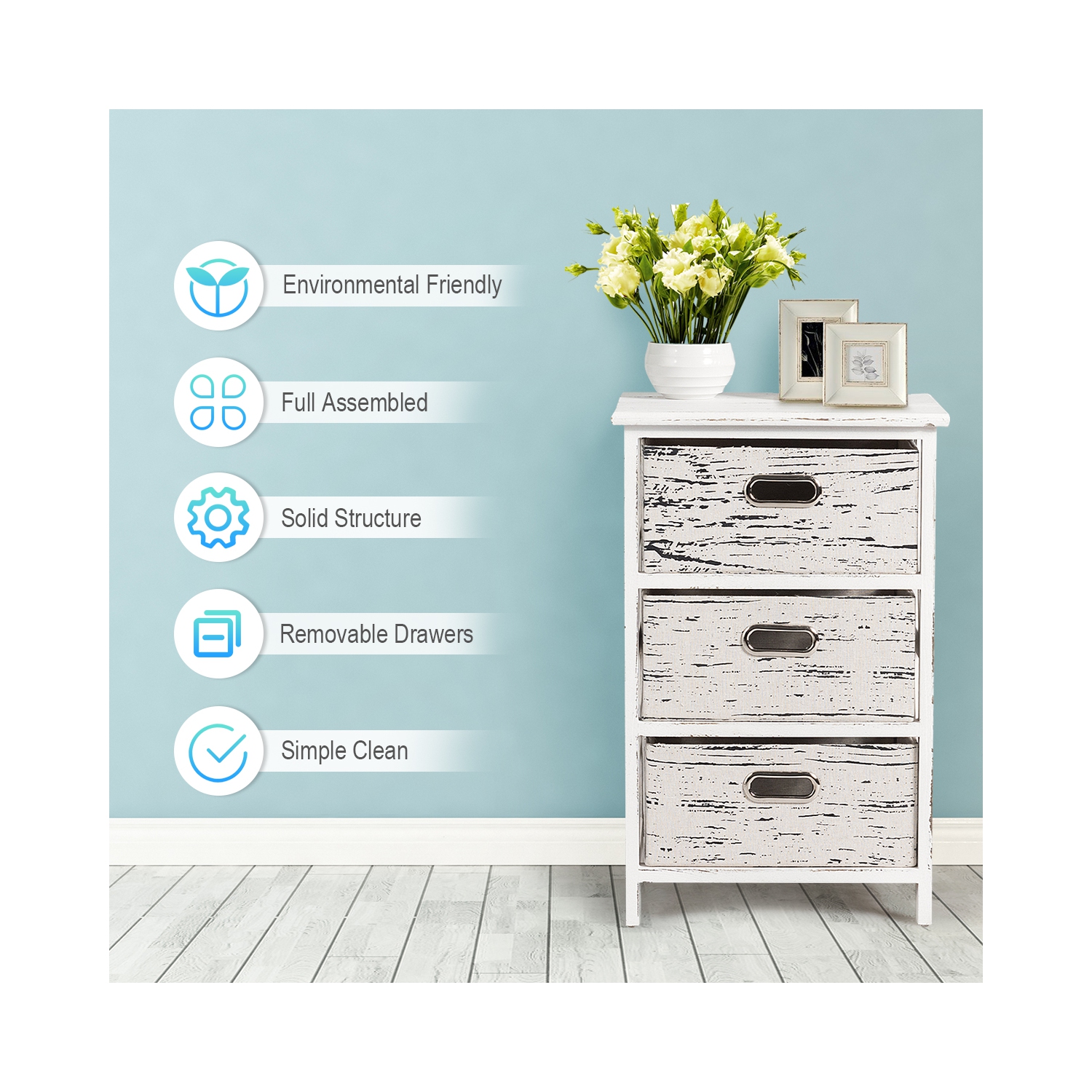 Topbuy 3-Drawer Fabric Vintage End Table Wood Nightstand Set of 2