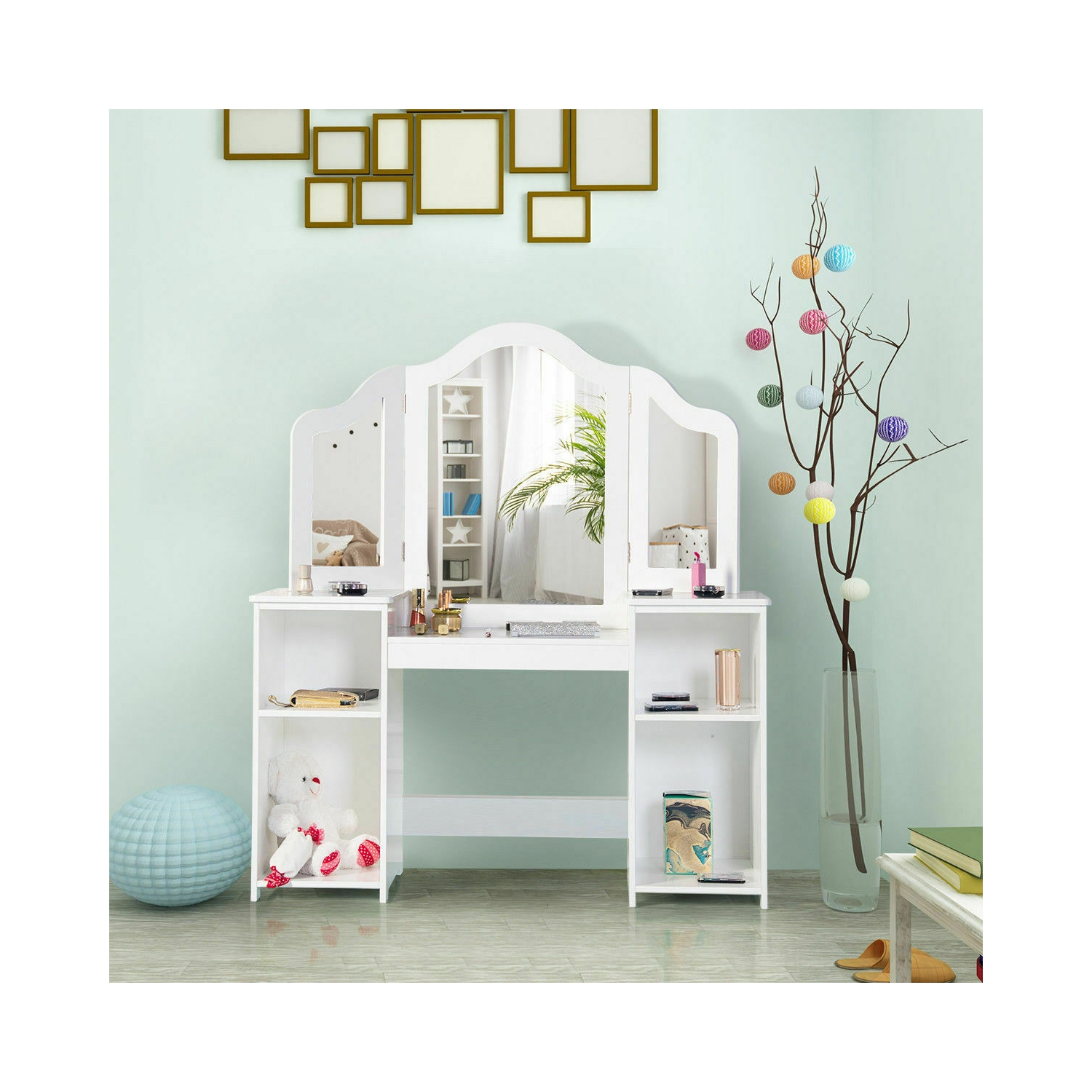 Topbuy Tri-folding Vanity Dressing Dask Display Table Cosmetics Organizer w/ Removable Mirror