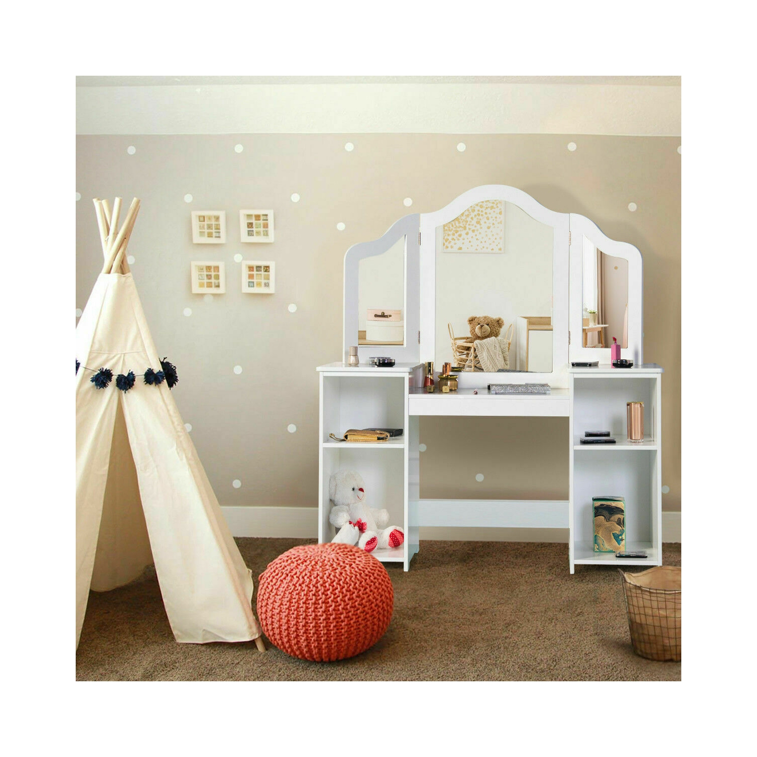 Topbuy Tri-folding Vanity Dressing Dask Display Table Cosmetics Organizer w/ Removable Mirror