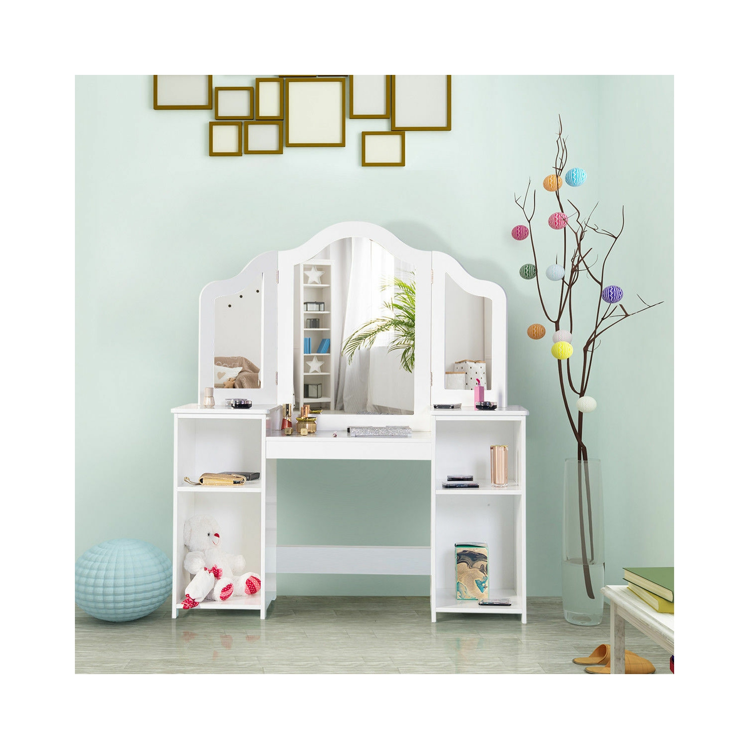 Topbuy Children's Dressing Table Kid Size Vanity Mirror Unit w/ Tri-folding Mirror & Removable Top White