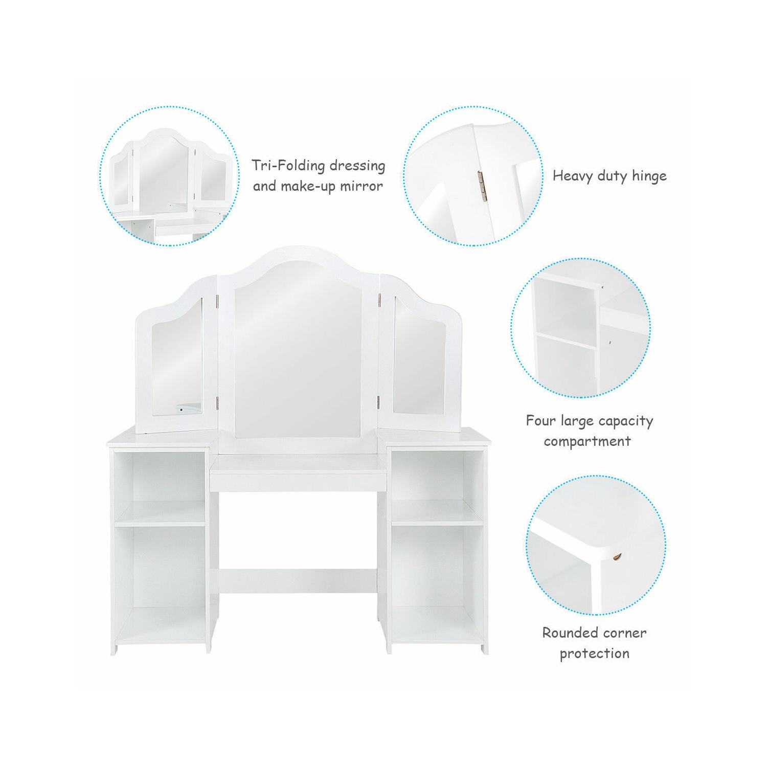 Topbuy Children's Dressing Table Kid Size Vanity Mirror Unit w/ Tri-folding Mirror & Removable Top White