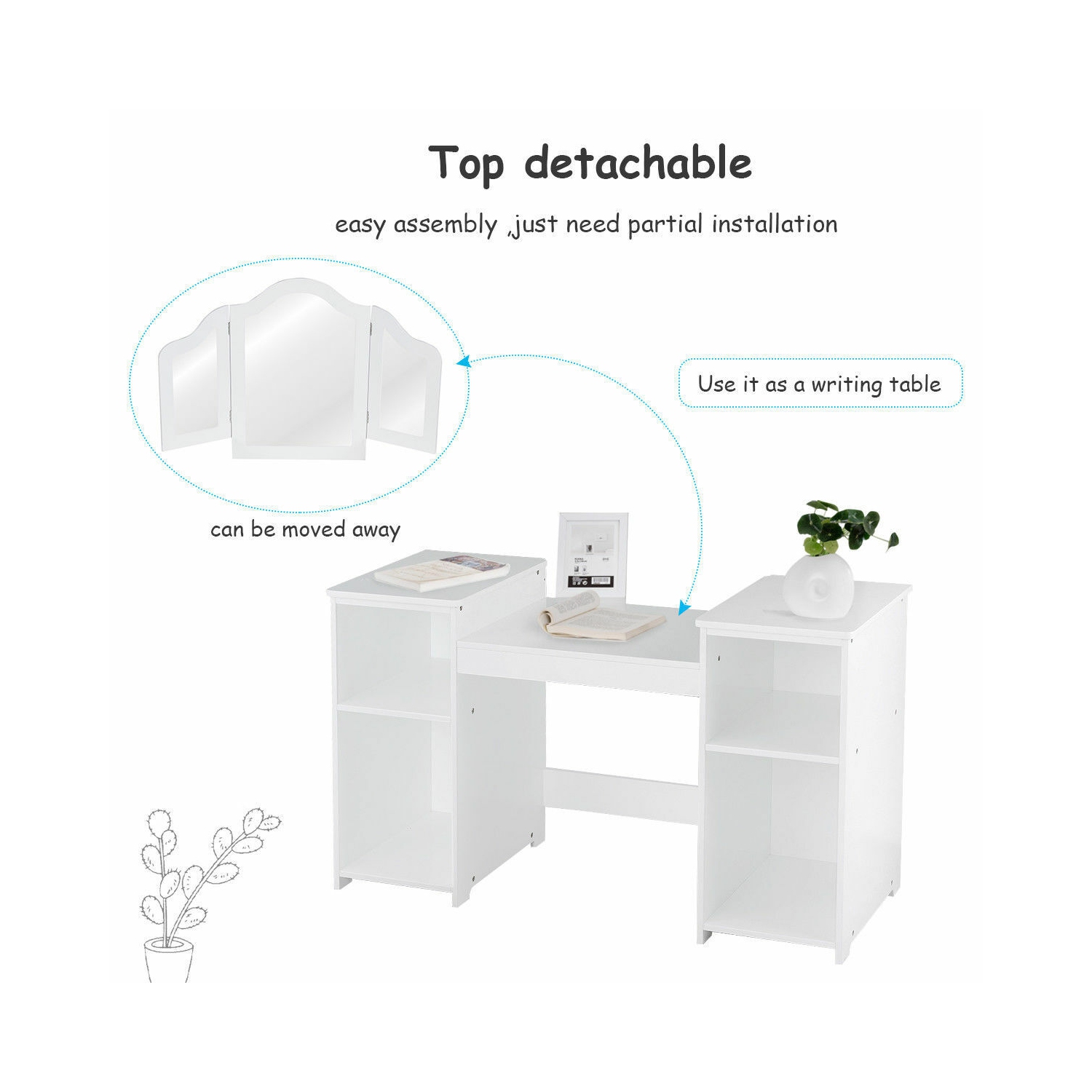 Topbuy Children's Dressing Table Kid Size Vanity Mirror Unit w/ Tri-folding Mirror & Removable Top White