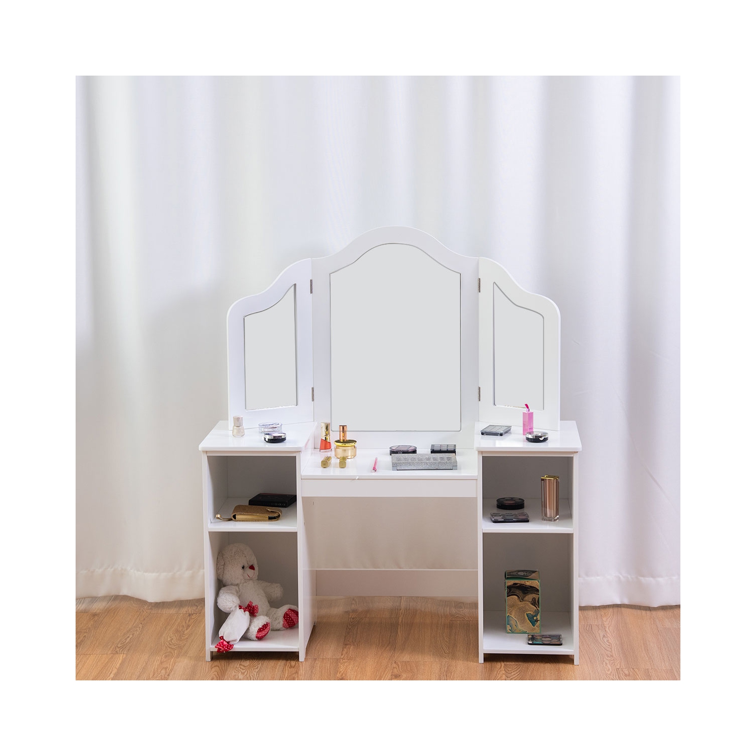 Topbuy Children's Dressing Table Kid Size Vanity Mirror Unit w/ Tri-folding Mirror & Removable Top White
