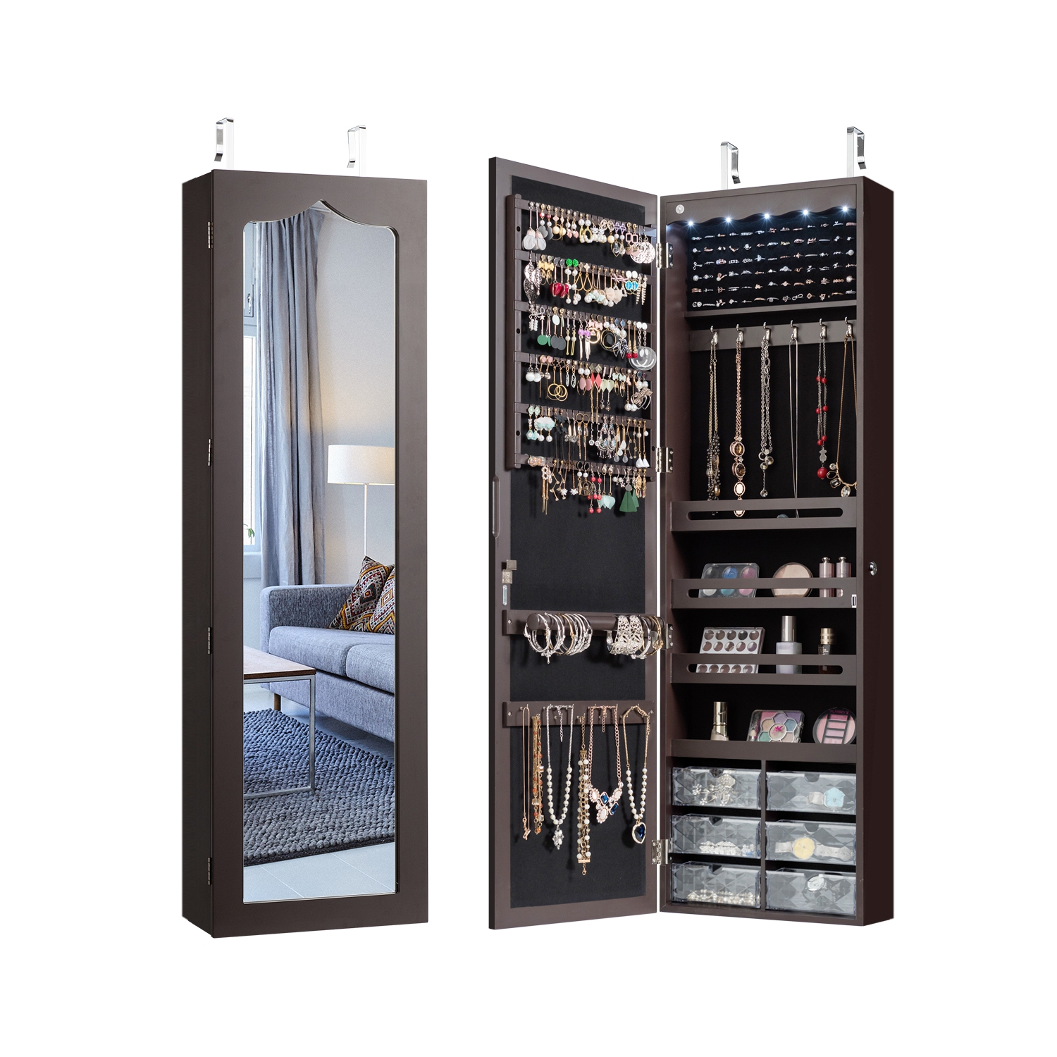 TopBuy – Armoire à bijoux murale verrouillable avec miroir et éclairage à DEL