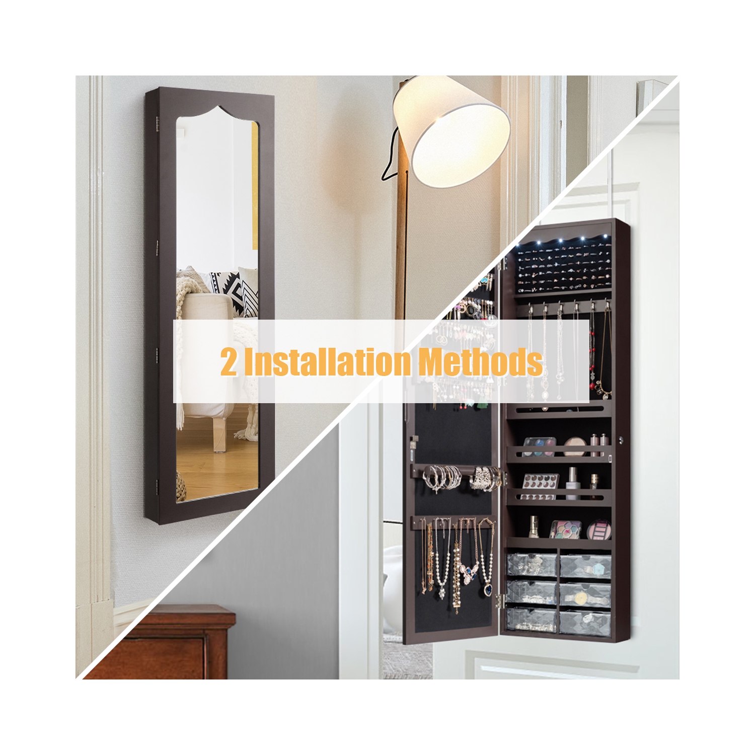 TopBuy – Armoire à bijoux murale verrouillable avec miroir et éclairage à DEL