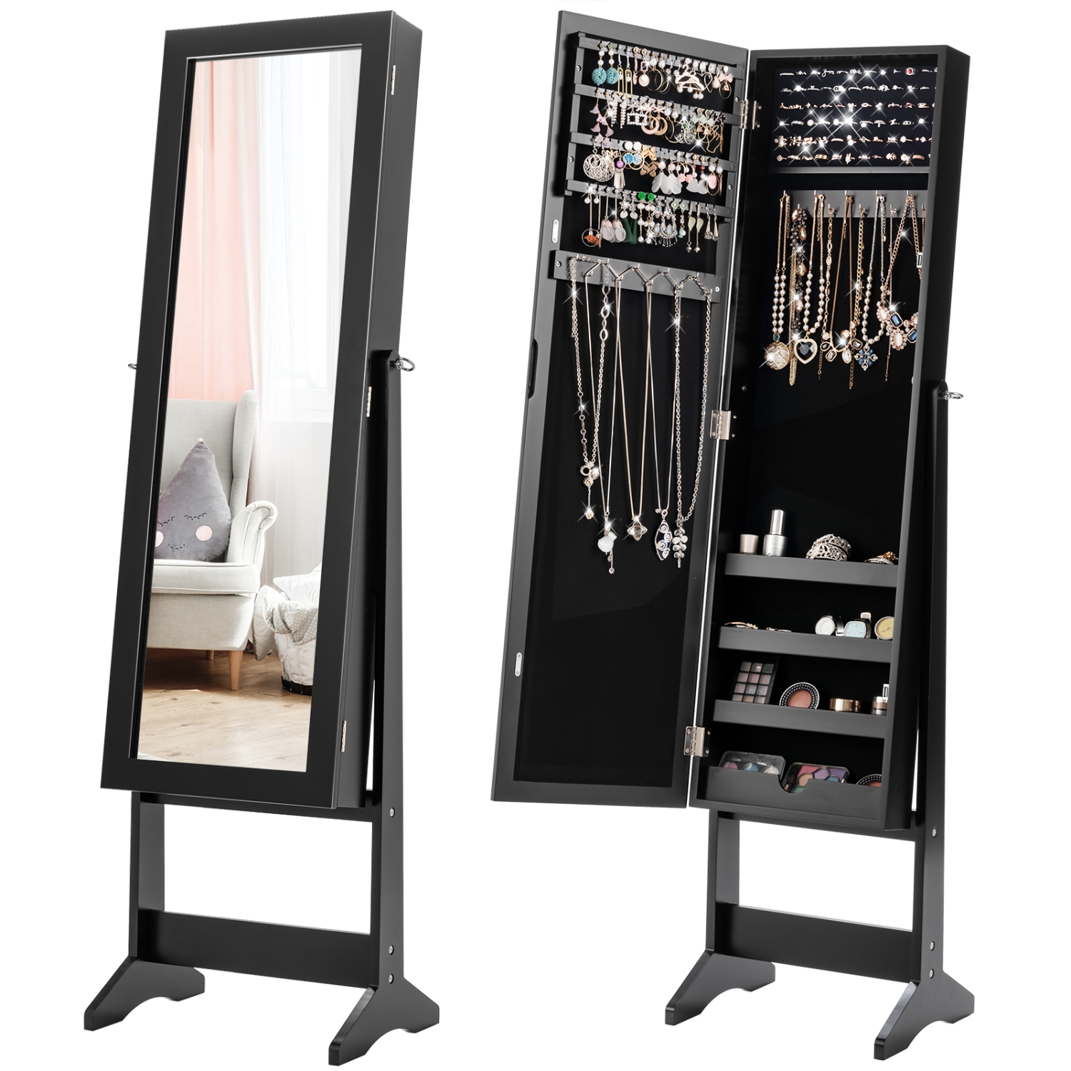 TopBuy – Organisateur d’armoire à bijoux 2-en-1 autonome avec miroir pleine longueur, noir/blanc