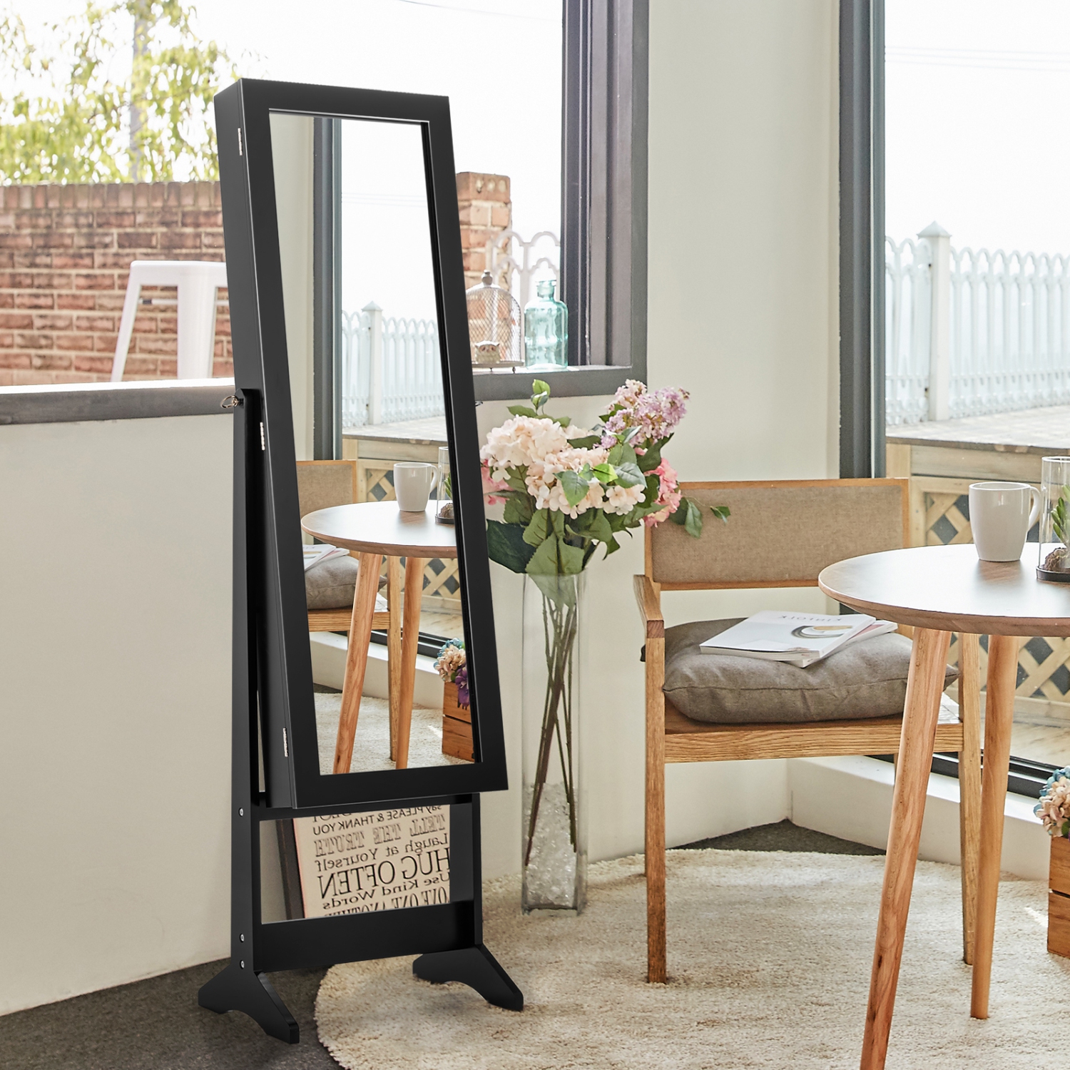 TopBuy – Organisateur d’armoire à bijoux 2-en-1 autonome avec miroir pleine longueur, noir/blanc