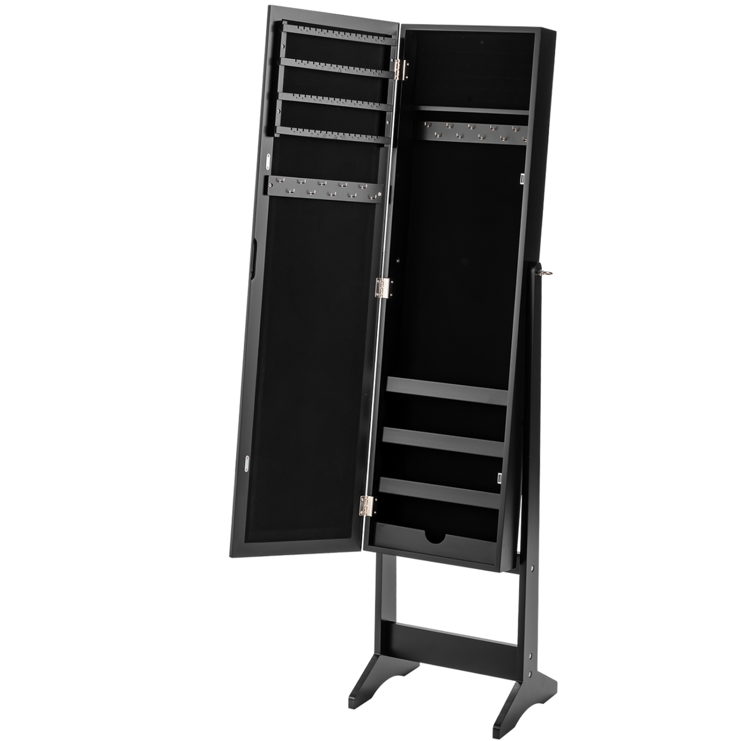 TopBuy – Organisateur d’armoire à bijoux 2-en-1 autonome avec miroir pleine longueur, noir/blanc