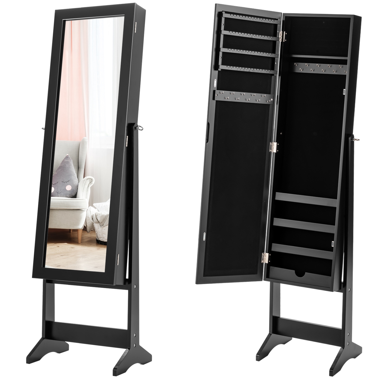 TopBuy – Organisateur d’armoire à bijoux 2-en-1 autonome avec miroir pleine longueur, noir/blanc