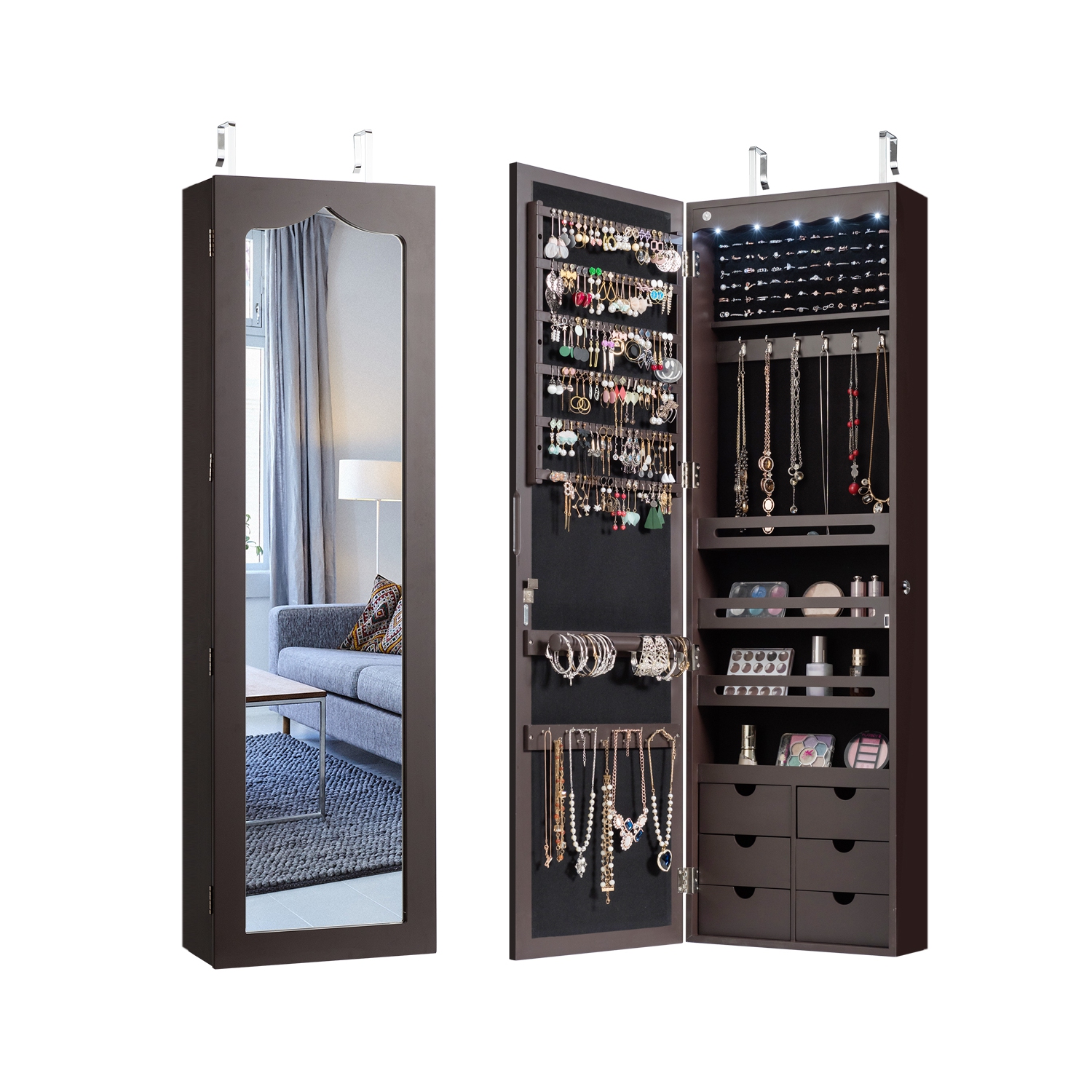 TopBuy – Armoire à bijoux murale avec rangement pour armoire à bijoux, miroir et éclairage à DEL