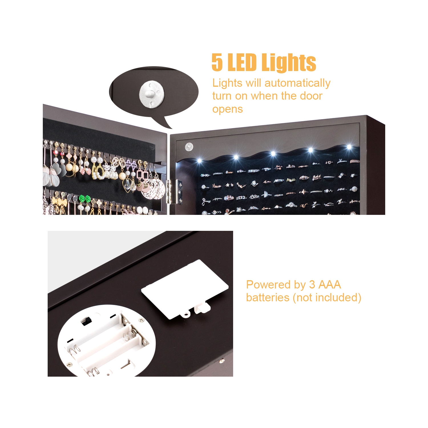 TopBuy – Armoire à bijoux murale avec rangement pour armoire à bijoux, miroir et éclairage à DEL