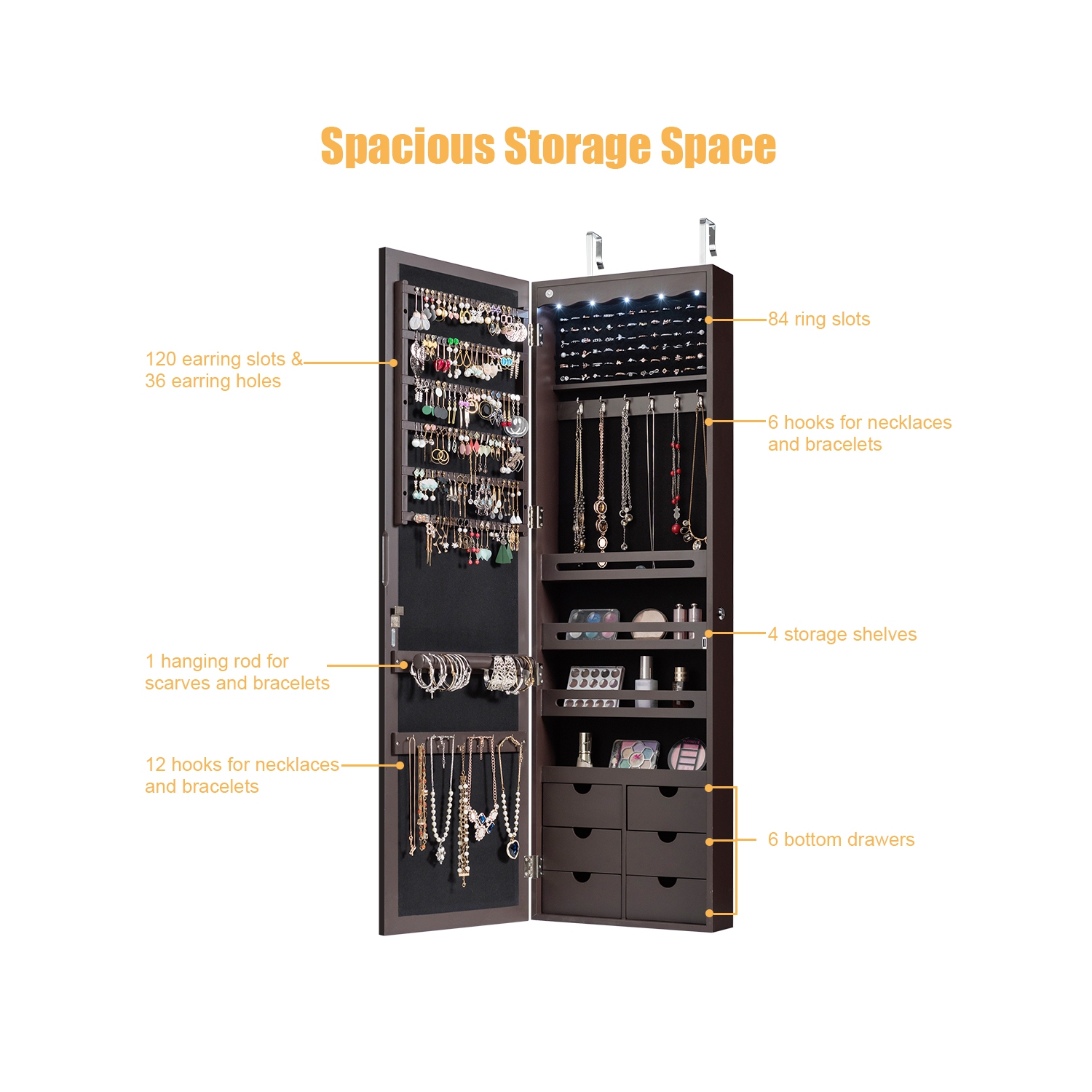 TopBuy – Armoire à bijoux murale avec rangement pour armoire à bijoux, miroir et éclairage à DEL