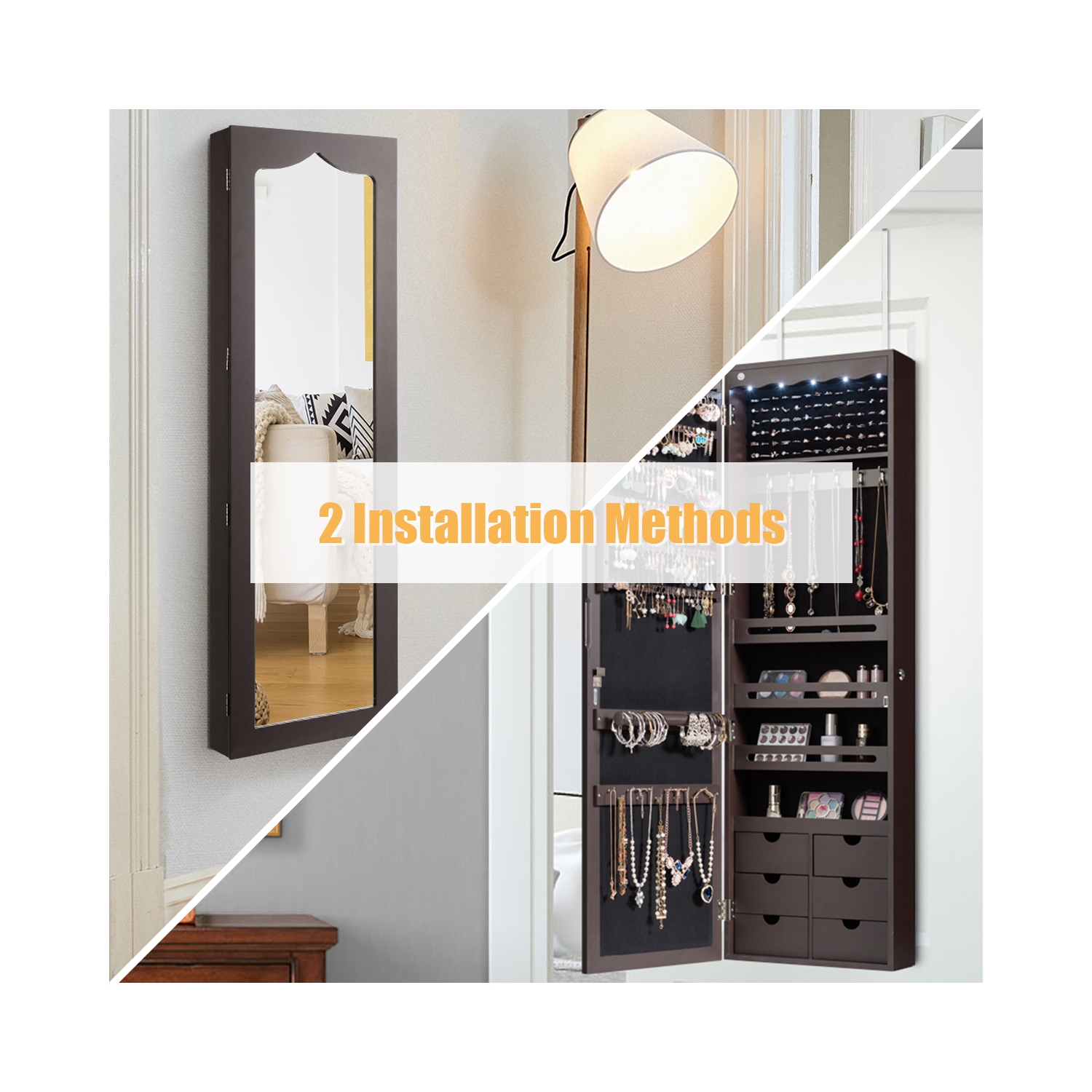 TopBuy – Armoire à bijoux murale avec rangement pour armoire à bijoux, miroir et éclairage à DEL