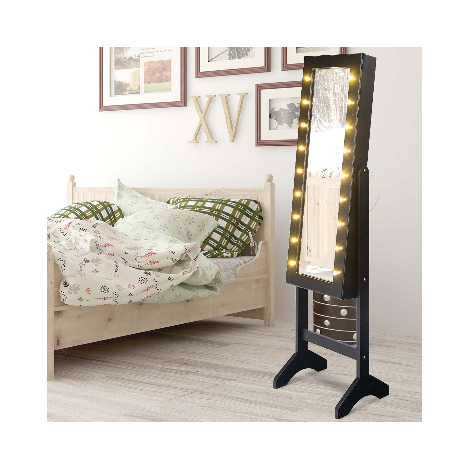 TopBuy – Armoire à bijoux avec éclairage à DEL miroir, armoire à dessus autoportant, noir