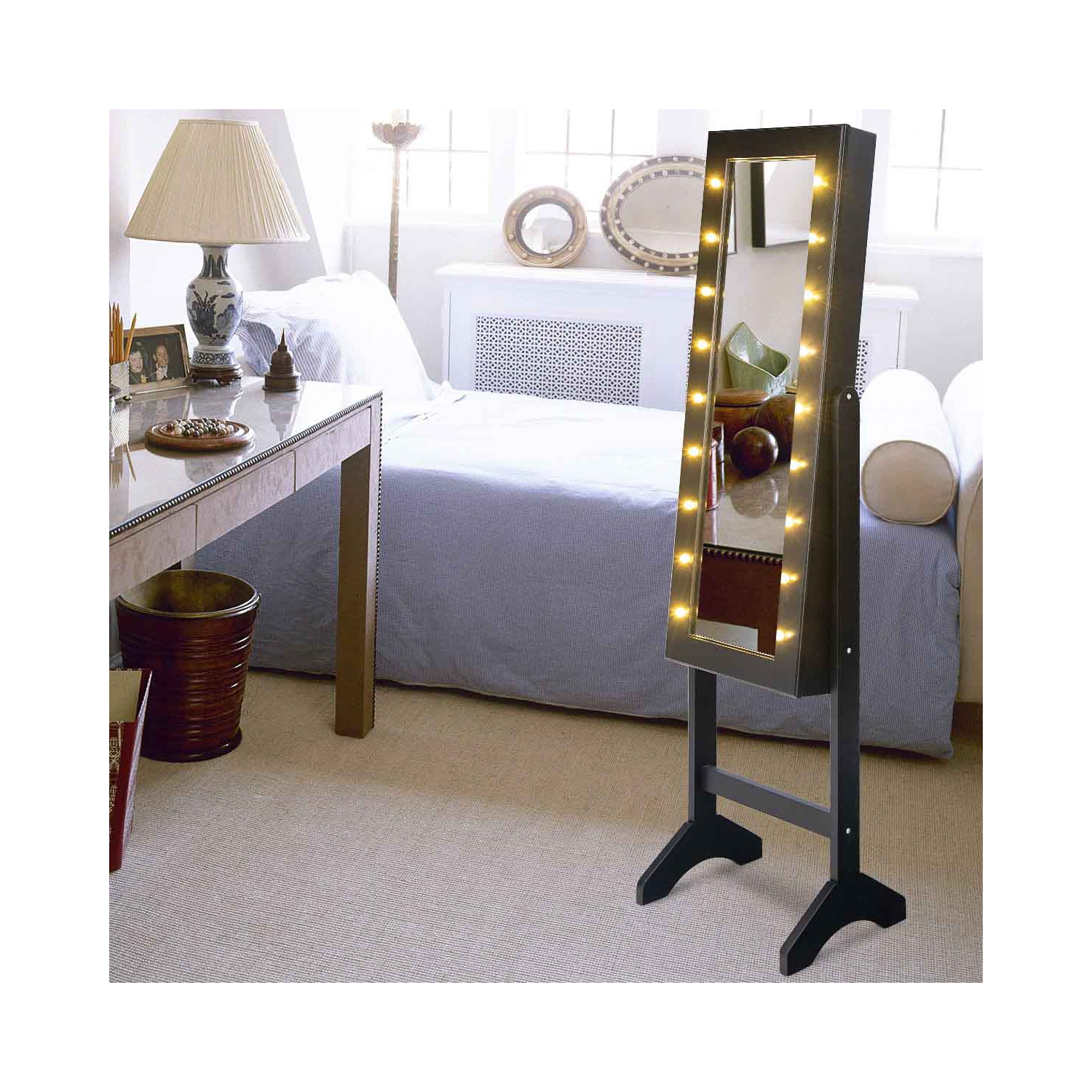 TopBuy – Armoire à bijoux avec éclairage à DEL miroir, armoire à dessus autoportant, noir