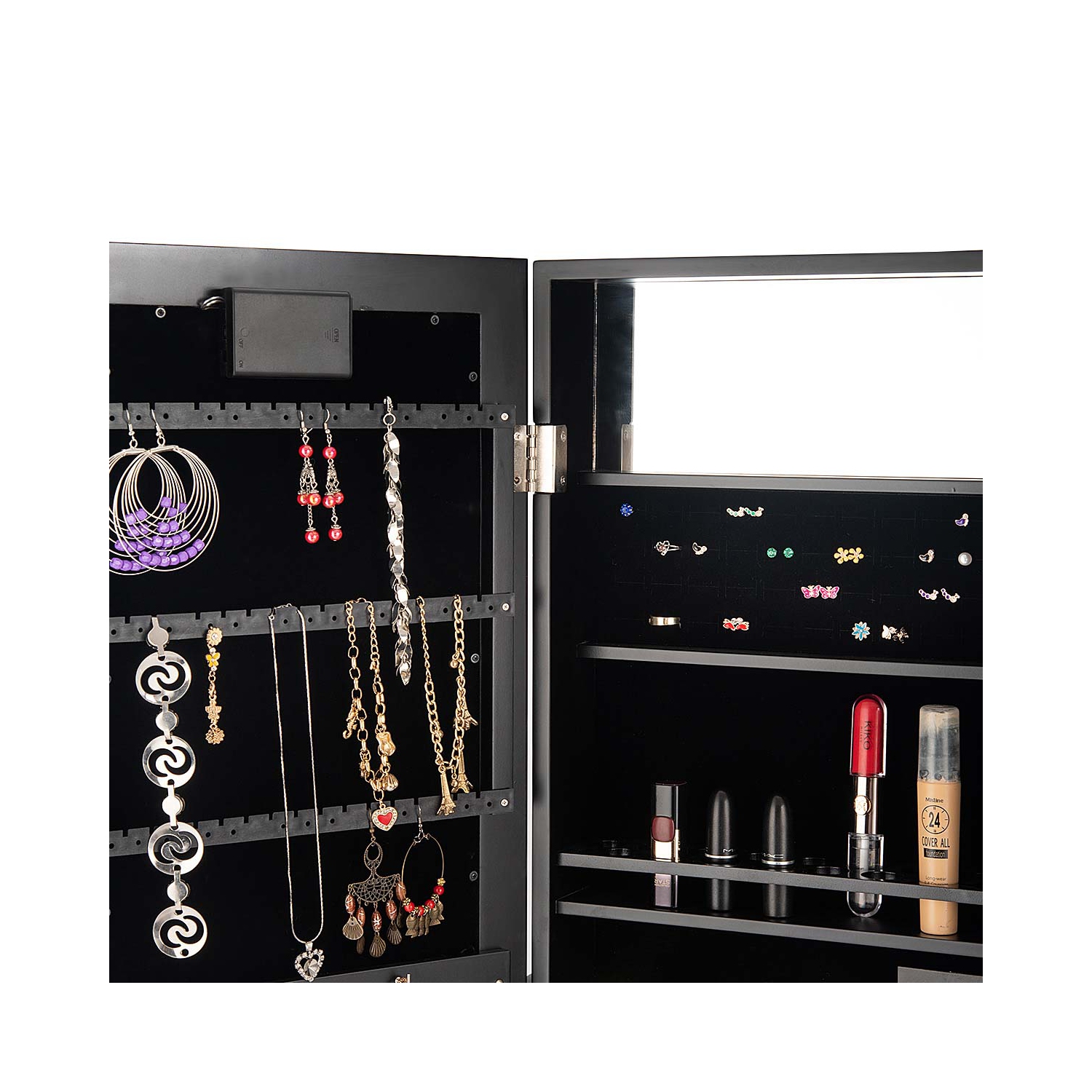 TopBuy – Armoire à bijoux avec éclairage à DEL miroir, armoire à dessus autoportant, noir