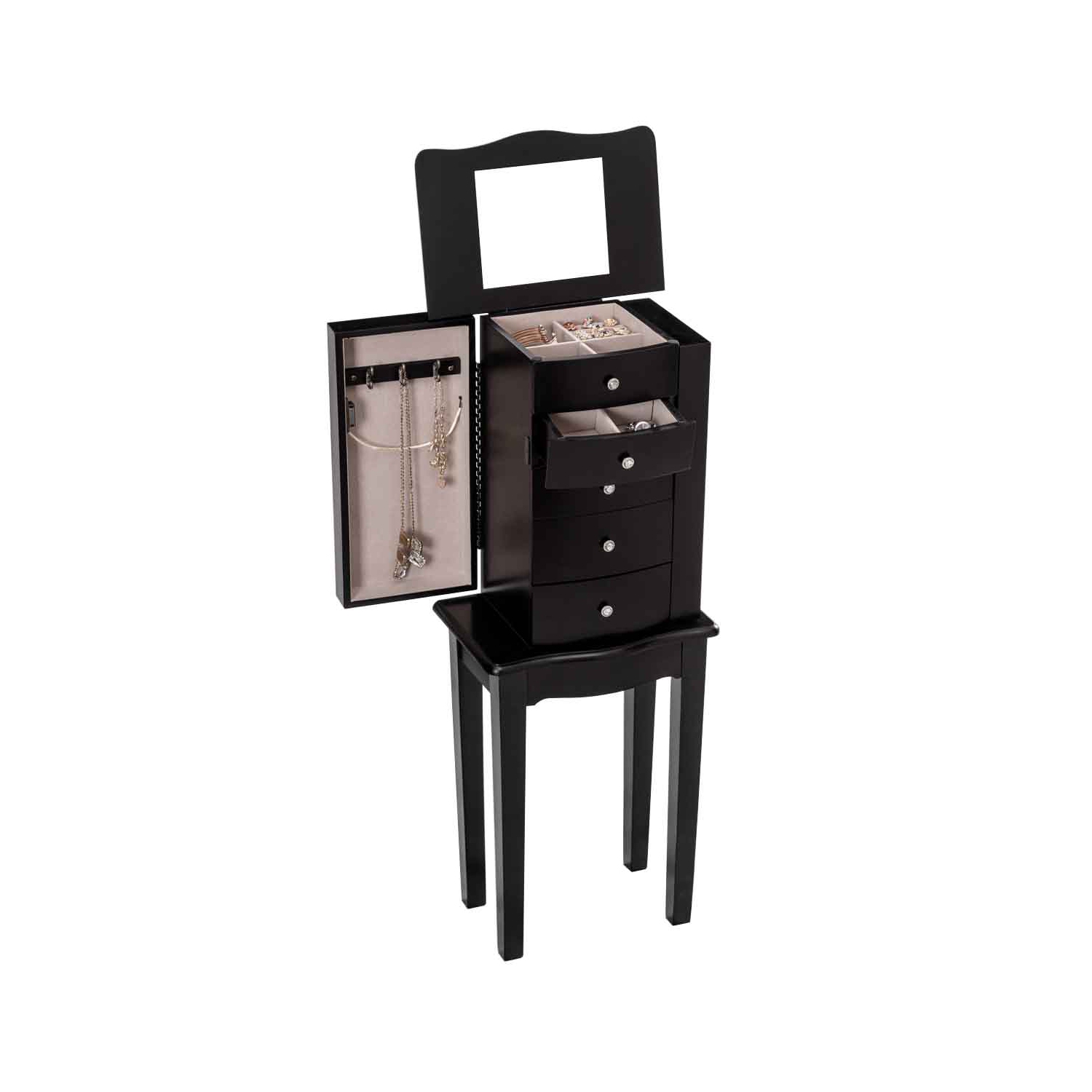 TopBuy – Armoire à 5 tiroirs avec coffre à bijoux, miroir et portes battantes