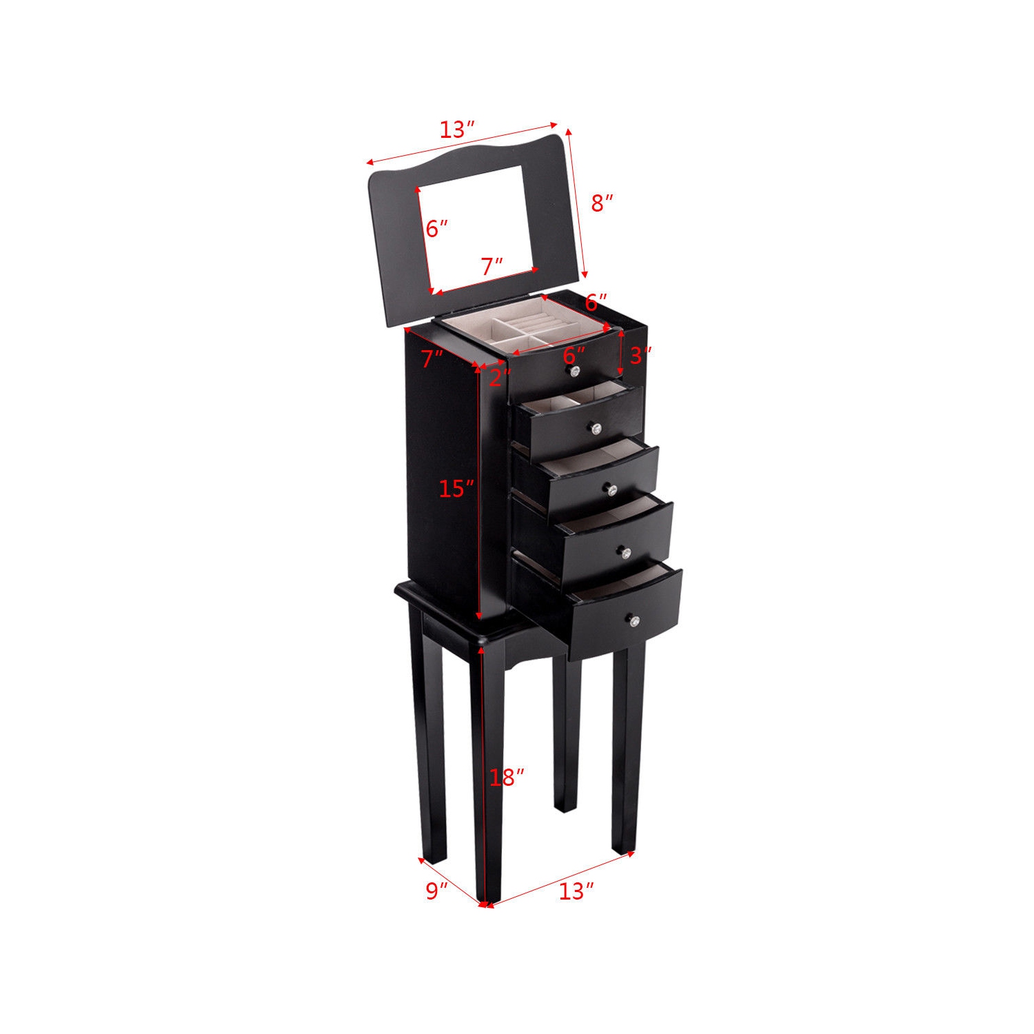 TopBuy – Armoire à 5 tiroirs avec coffre à bijoux, miroir et portes battantes