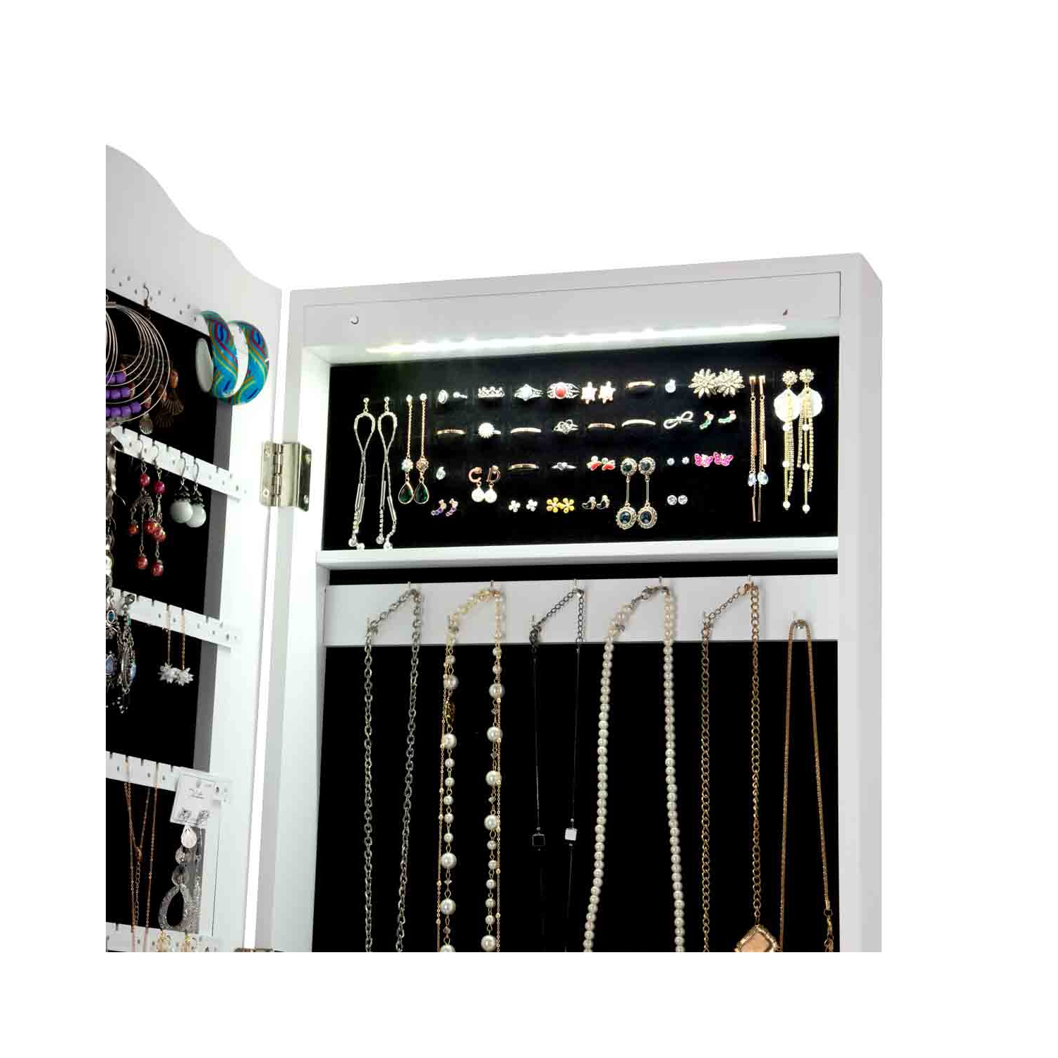 TopBuy – Armoire de rangement de plancher avec miroir pour armoire à bijoux, blanc